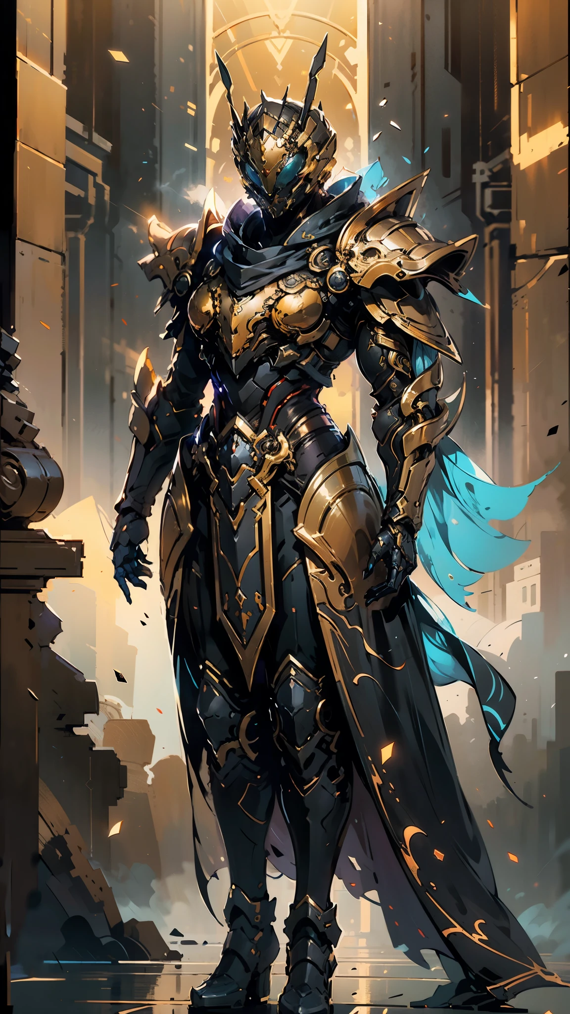 A woman adorned in fantasy-style full-body armor, a crown-concept fully enclosed helmet that unveils only her eyes, a composite layered chest plate, fully encompassing shoulder and hand guards, a lightweight waist armor, form-fitting shin guards, the overall design is heavy-duty yet flexible, (the armor gleams with a golden glow, complemented by red and blue accents), exhibiting a noble aura, she floats above a fantasy-surreal high-tech city, this character embodies a finely crafted fantasy-surreal style armored hero in anime style, exquisite and mature manga art style, (mixture of Queen bee and Spider concept Armor, plasma), ((Element, elegant, goddess, femminine:1.5)), metallic, high definition, best quality, highres, ultra-detailed, ultra-fine painting, extremely delicate, professional, anatomically correct, symmetrical face, extremely detailed eyes and face, high quality eyes, creativity, RAW photo, UHD, 32k, Natural light, cinematic lighting, masterpiece-anatomy-perfect, masterpiece:1.5