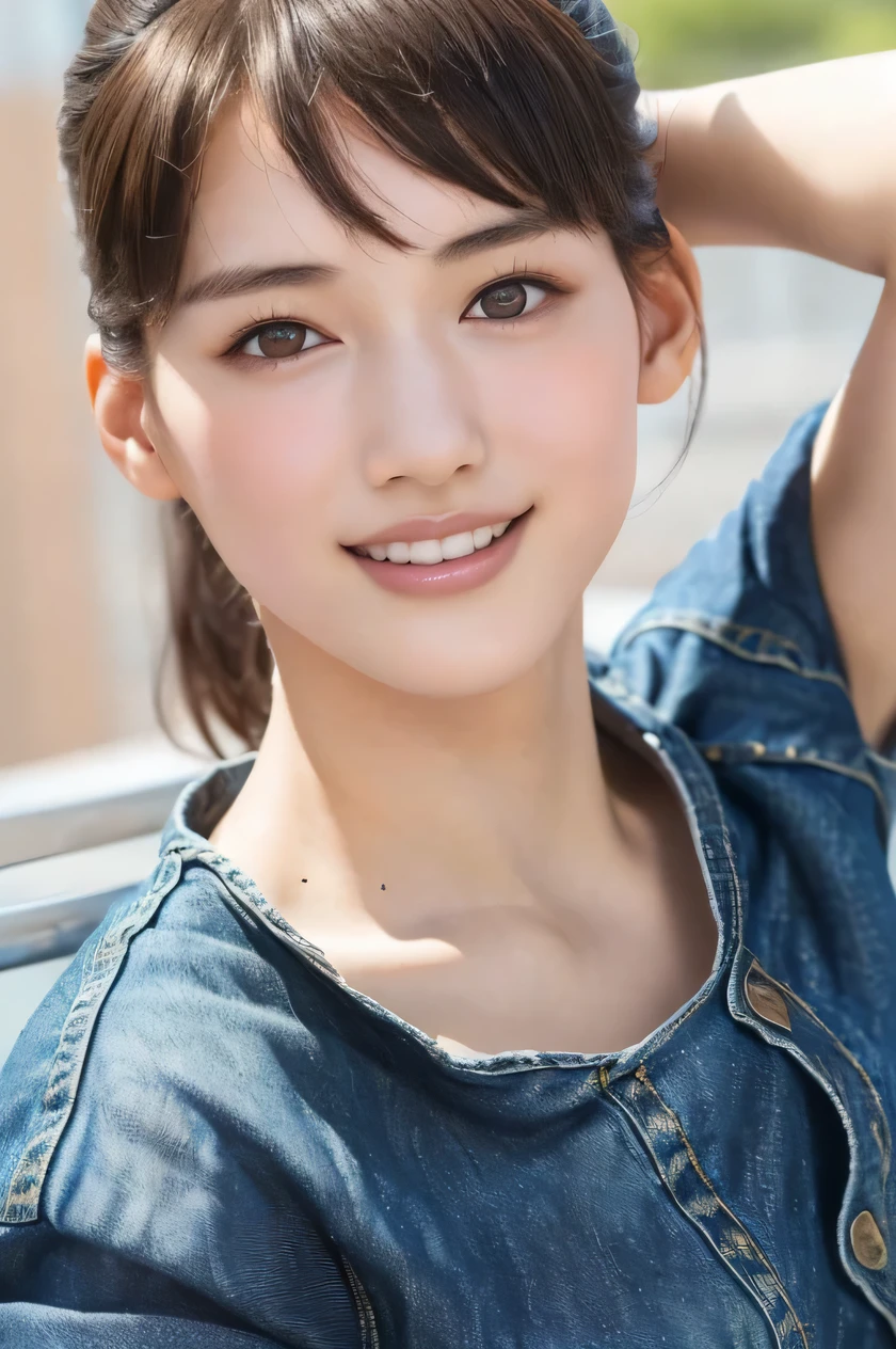 one girl, (a beauty girl, delicate girl:1.3), (, gal:1.3), (denim shorts:1.2), very fine eye definition, (symmetrical black eyes:1.3), stare at the camera, A big smile, show teeth, (trackfield view:1.2), small breasts, brown short hair, girl, (eyes and faces with detailed:1.5), (masterpiece, best quality, ultra detailed, detailed face, 8k),