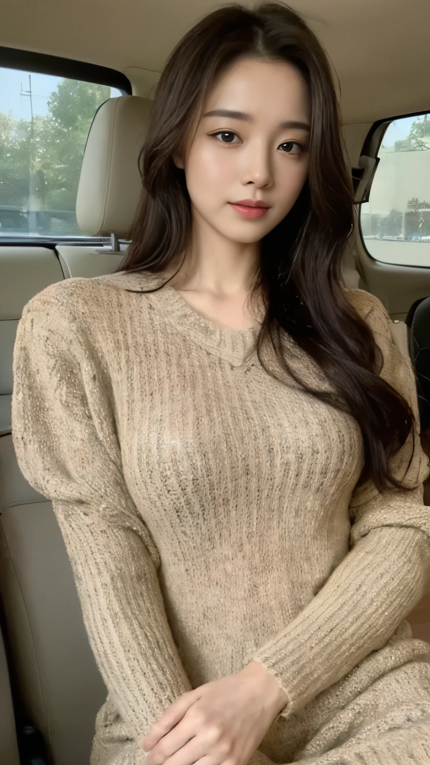 ((top-quality、8k、masterpiece:1.3))、Beautiful woman with perfect body:1.4、slim abdomen:1.2、Longhair, normal breast, Highly detailed facial and skin texture, A detailed eye, delicate eyes, double eyelid, (smile), (full body shot), ((in a car 1.1)), (sitting in car), (((wearing Sweater Dress:1.1)), looking in front