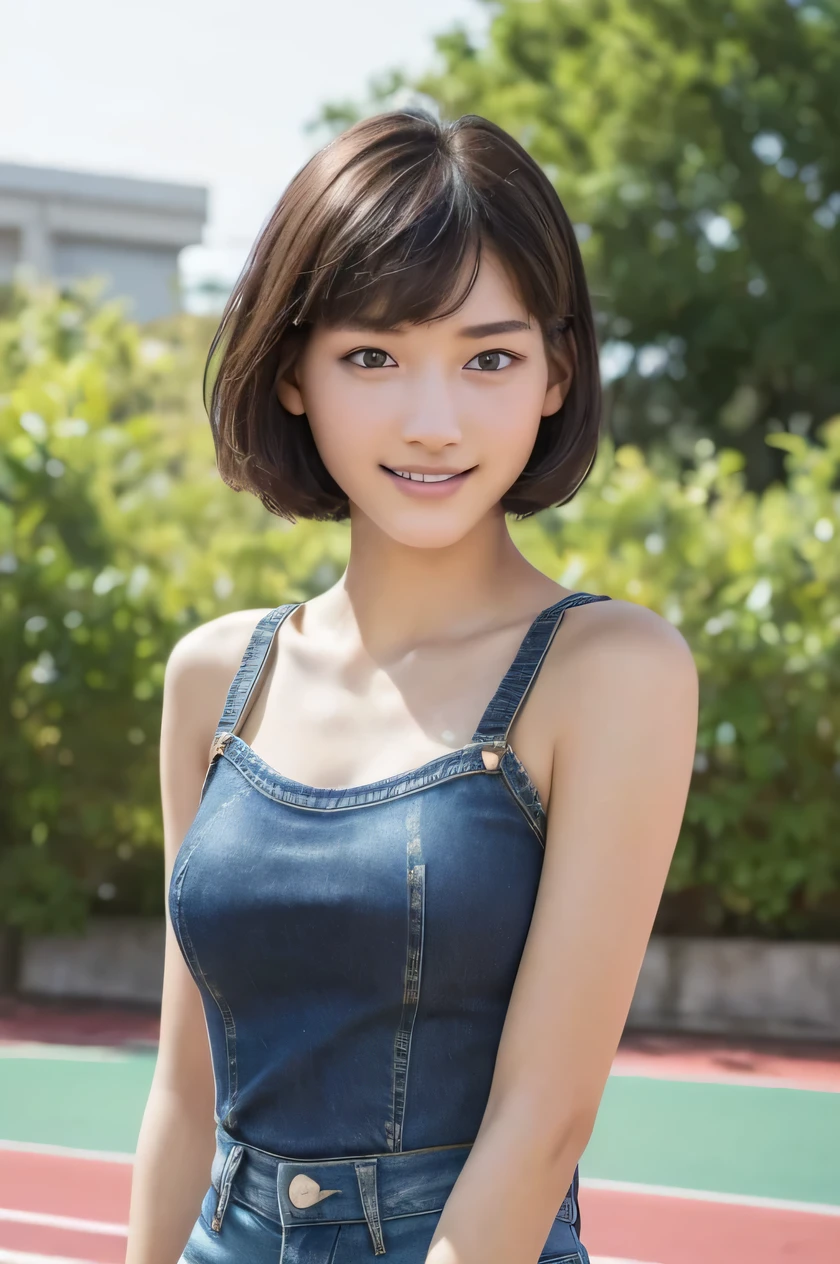 one girl, (a beauty girl, delicate girl:1.3), (, gal:1.3), (denim shorts:1.2), very fine eye definition, (symmetrical black eyes:1.3), stare at the camera, A big smile, show teeth, (trackfield view:1.2), small breasts, brown short hair, girl, (eyes and faces with detailed:1.5), (masterpiece, best quality, ultra detailed, detailed face, 8k),