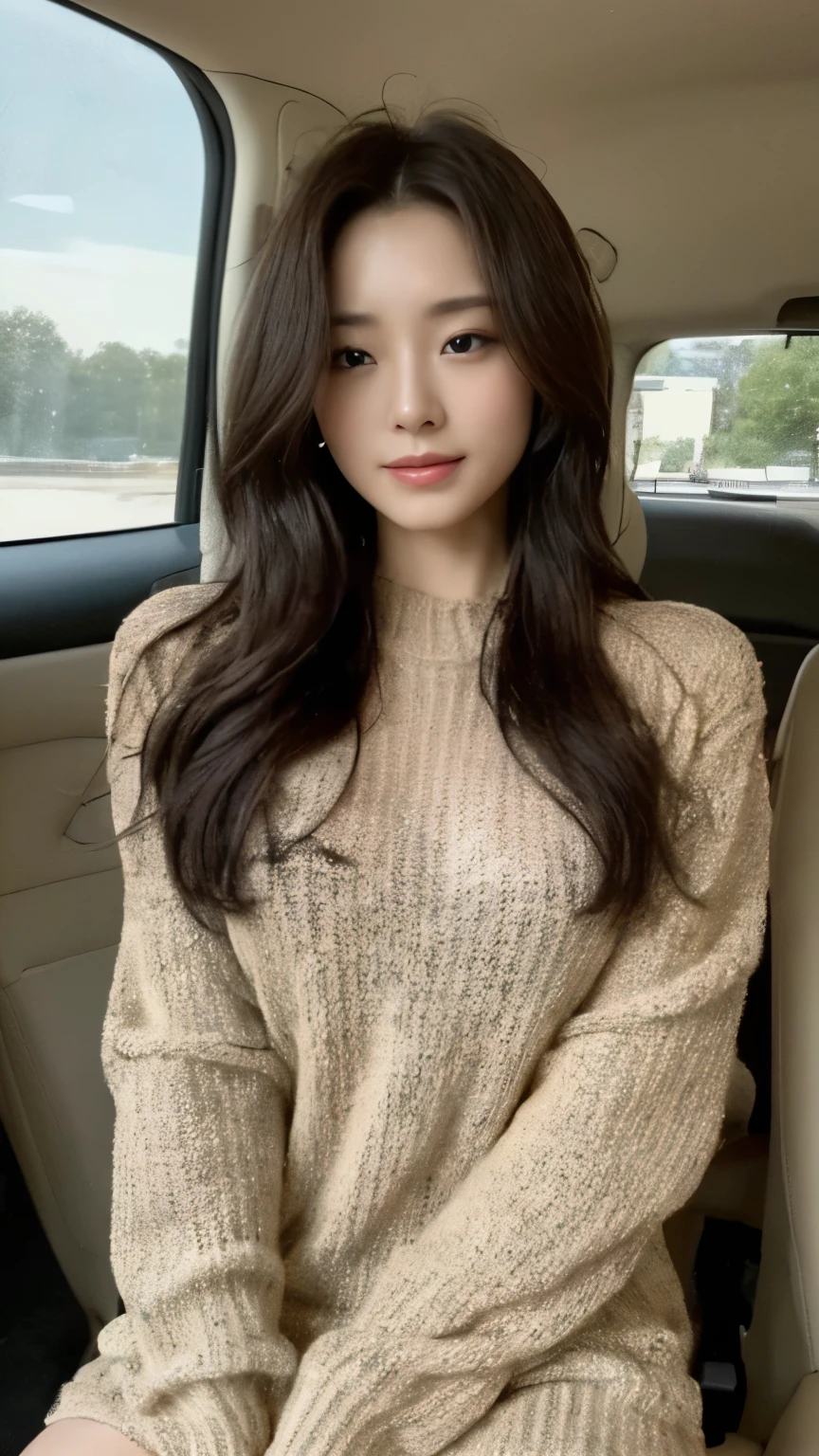 ((top-quality、8k、​masterpiece:1.3))、Beautiful woman with perfect body:1.4、slim abdomen:1.2、Longhair, normal breast, Highly detailed facial and skin texture, A detailed eye, delicate eyes, double eyelid, (smile), (full body shot), ((in a car 1.1)), (sitting in car), (((wearing Sweater Dress:1.1)), looking in front