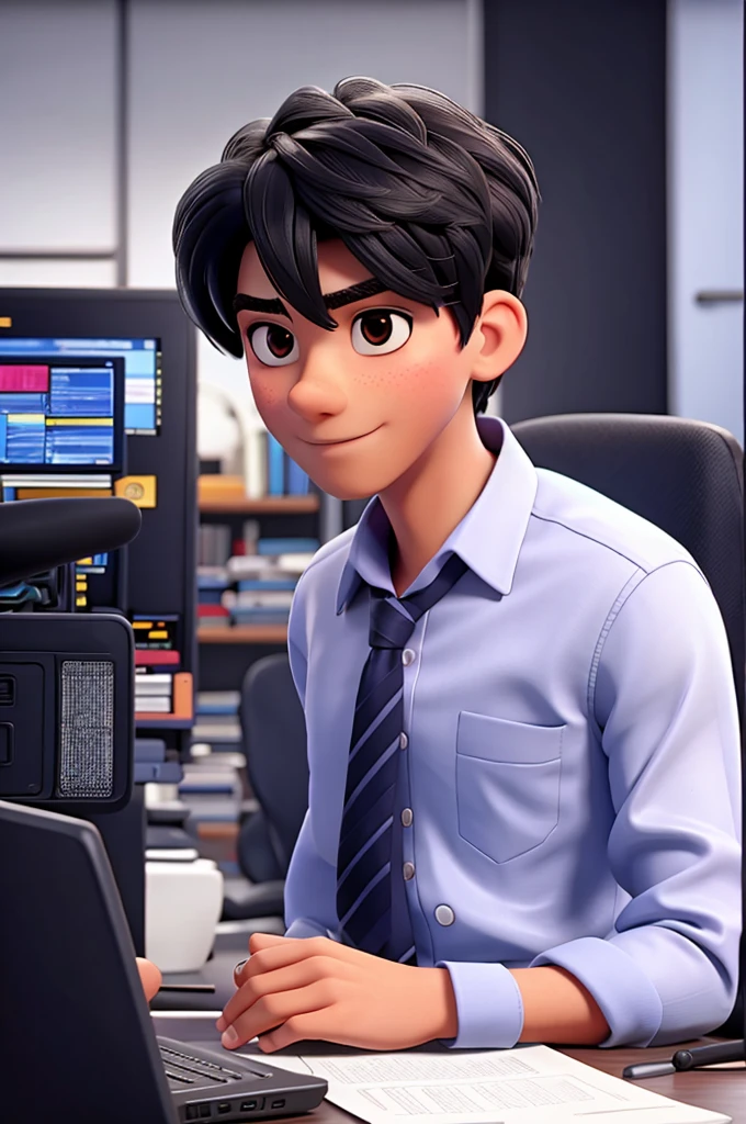 1 boy, black hair, short hair, slanted eyes,dark blue formal shirt,white skin, 18 years old,working on computer, in the office,cinematic footage, darker background,