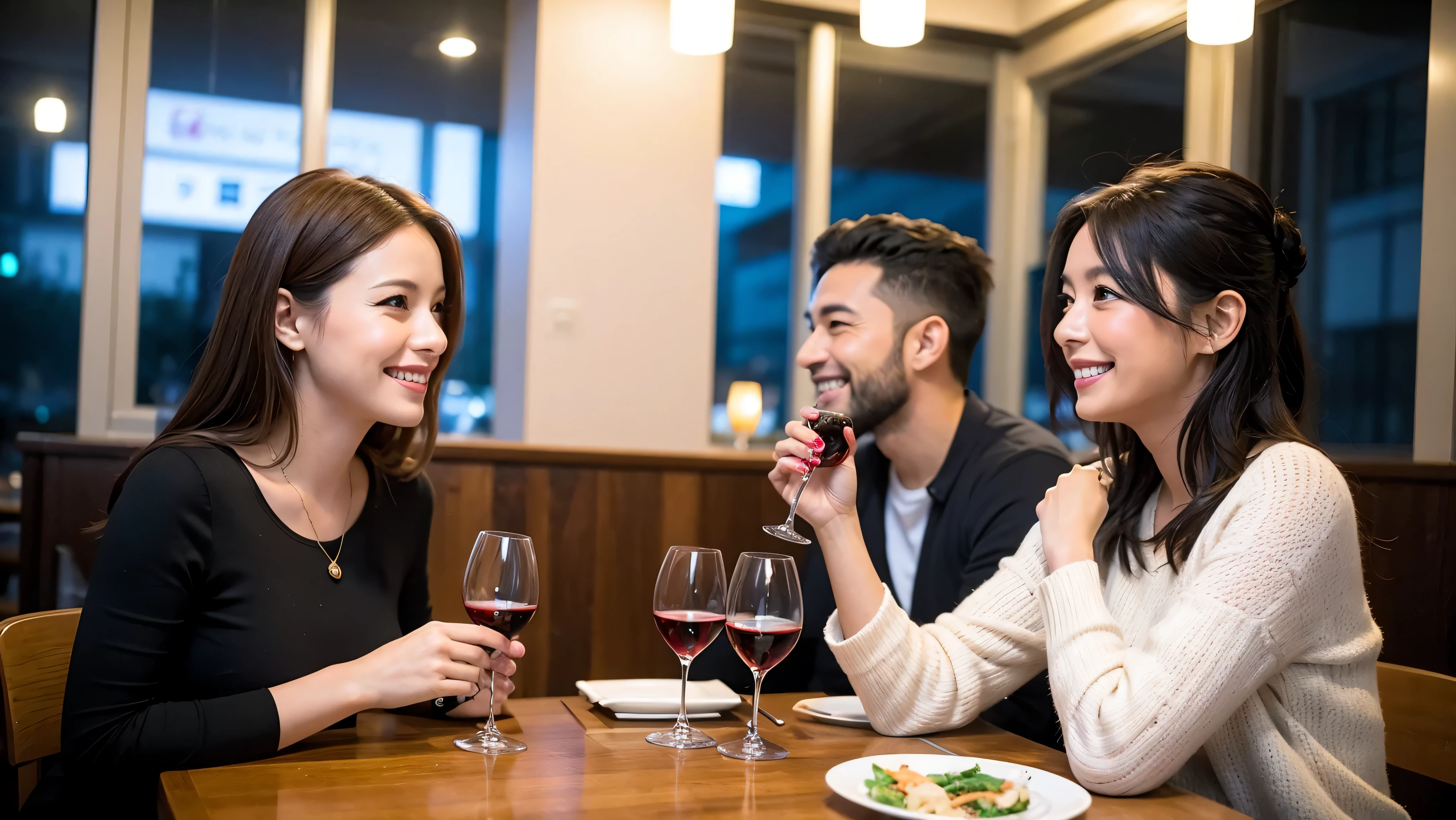 64k, Hmm, highest quality, masterpiece: 1.2), (realistic, photorealistic: 1.37),やわらかなsmile、gentle expression、 Super detailed, celebration party、beauty、charm、beautiful mature woman、3 women who love wine、three men、Tokyo、Yokohama、Champagne、sparkling wine、winter night、restaurantでワイン宴会、(slimな男女4名),(Wine party for 5 people)、(slimフェイス),Happy、 最高なsmile、Fox face、Berry Short、(because I'thin), (brown hair), (shortcut), long sleeve shirt、winter fashion、Columbia、Brazilian、Japanese、Dutch、German、Portuguese、Belgian、Italian、French, (Squirting), (slimボティ), (brown hair), (shortcut), 端正なbeauty、cheeks turn a little red, (41 years old), 38 years old, 35 years old、32 years old、 A beautiful and detailed night view spreads out outside the window..........., restaurant, wine glassが座っている, At night, in a prominent place (from the Upper body) nova frog style, actress, model, Upper body, White wine, slim, wine glass, Very beautiful night view, wine glass Put in the Middle, Happy smile, (smile: 1.15),