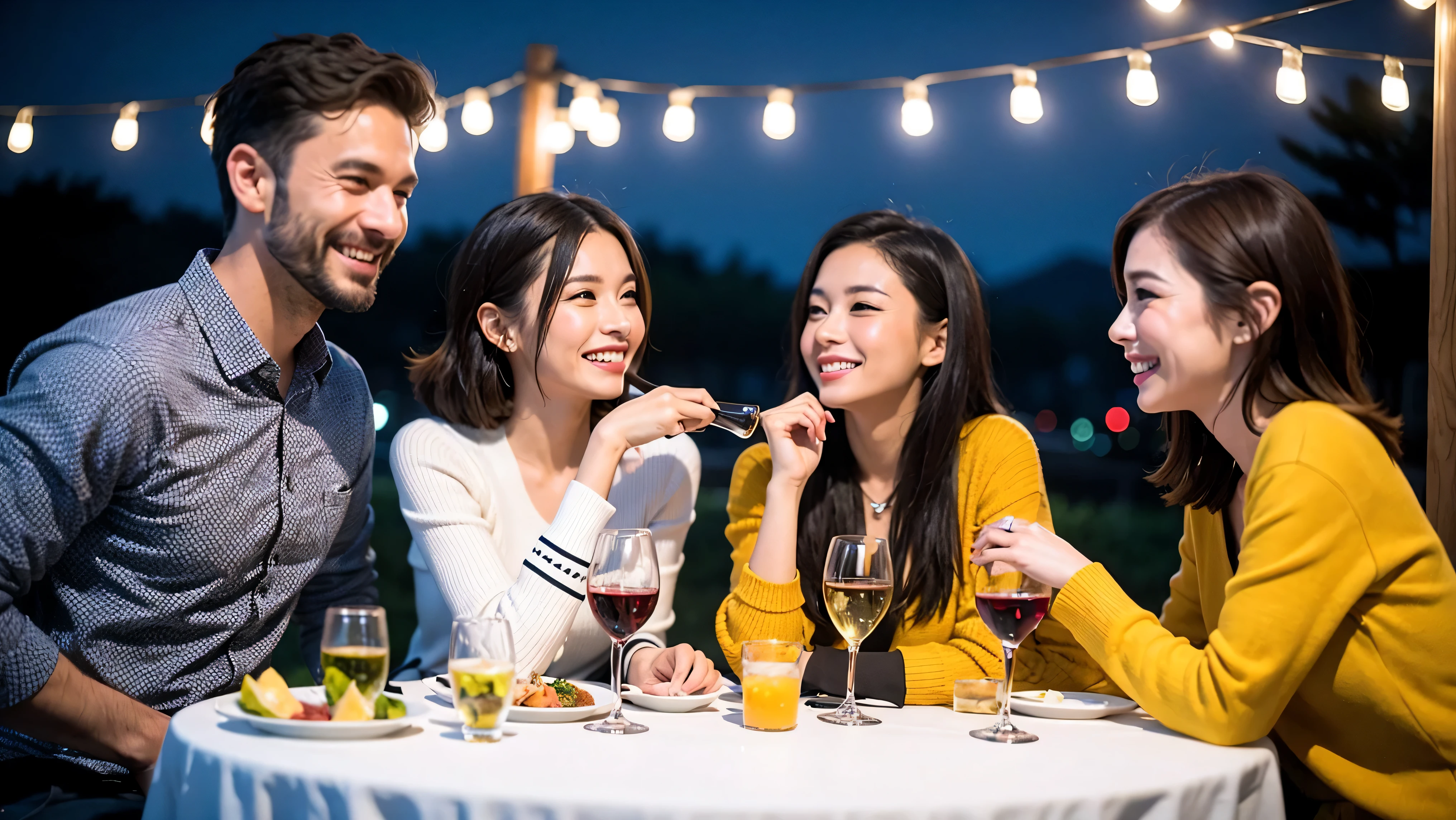 64k, Hmm, highest quality, masterpiece: 1.2), (realistic, photorealistic: 1.37),やわらかなsmile、gentle expression、 Super detailed, celebration party、beauty、charm、beautiful mature woman、3 women who love wine、three men、Tokyo、Yokohama、Champagne、sparkling wine、winter night、restaurantでワイン宴会、(slimな男女4名),(Wine party for 5 people)、(slimフェイス),Happy、 最高なsmile、Fox face、Berry Short、(because I&#39;thin), (brown hair), (shortcut), long sleeve shirt、winter fashion、Columbia、Brazilian、Japanese、Dutch、German、Portuguese、Belgian、Italian、French, (Squirting), (slimボティ), (brown hair), (shortcut), 端正なbeauty、cheeks turn a little red, (41 years old), 38 years old, 35 years old、32 years old、 A beautiful and detailed night view spreads out outside the window..........., restaurant, wine glassが座っている, At night, in a prominent place (from the Upper body) nova frog style, actress, model, Upper body, White wine, slim, wine glass, Very beautiful night view, wine glass Put in the Middle, Happy smile, (smile: 1.15), 