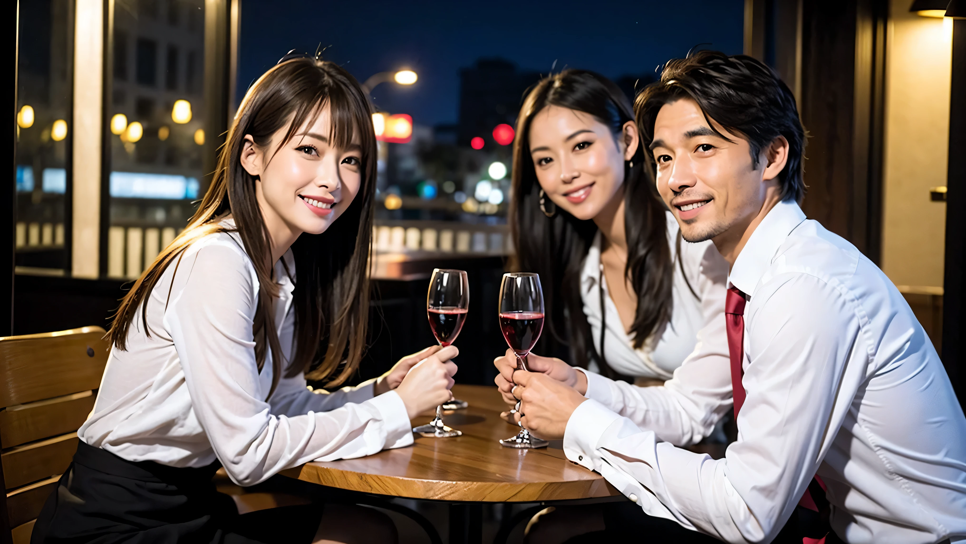 64k, Hmm, highest quality, masterpiece: 1.2), (realistic, photorealistic: 1.37),やわらかなsmile、gentle expression、 Super detailed, celebration party、beauty、charm、beautiful mature woman、3 women who love wine、three men、Tokyo、Yokohama、Champagne、sparkling wine、winter night、restaurantでワイン宴会、(slimな男女4名),(Wine party for 5 people)、(slimフェイス),Happy、 最高なsmile、Fox face、Berry Short、(because I'thin), (brown hair), (shortcut), long sleeve shirt、winter fashion、Columbia、Brazilian、Japanese、Dutch、German、Portuguese、Belgian、Italian、French, (Squirting), (slimボティ), (brown hair), (shortcut), 端正なbeauty、cheeks turn a little red, (41 years old), 38 years old, 35 years old、32 years old、 A beautiful and detailed night view spreads out outside the window..........., restaurant, wine glassが座っている, At night, in a prominent place (from the Upper body) nova frog style, actress, model, Upper body, White wine, slim, wine glass, Very beautiful night view, wine glass Put in the Middle, Happy smile, (smile: 1.15),