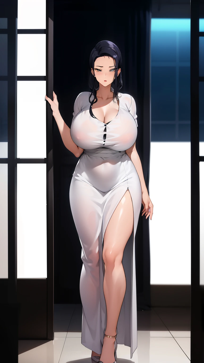 4 hot milfs wearing office dress, with high slit and showing her cleavage, white shirt, black long skirt high slit, full body, standing face to face but look at camera, gap 1 meter