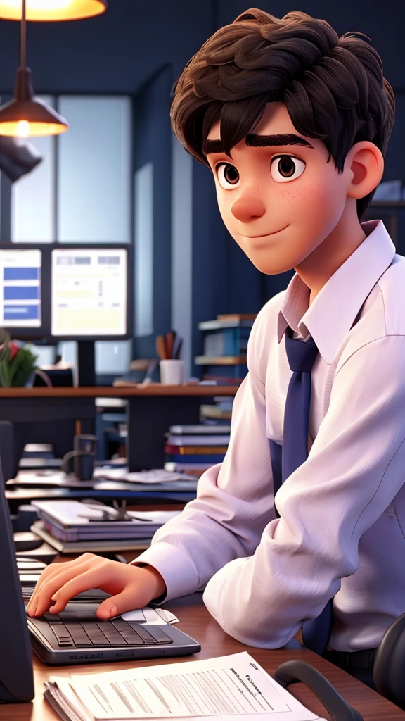 1 boy, black hair, short hair, slanted eyes,dark blue formal shirt,white skin, 18 years old,working on computer, in the office,cinematic footage, darker background,