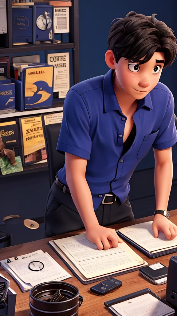 1 boy, black hair, short hair, slanted eyes,dark blue formal shirt,white skin, 18 years old,working on computer, in the office,cinematic footage, darker background,