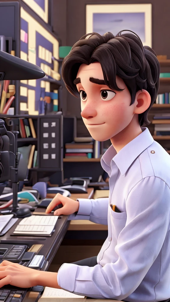 1 boy, black hair, short hair, slanted eyes,dark blue formal shirt,white skin, 18 years old,working on computer, in the office,cinematic footage, darker background,