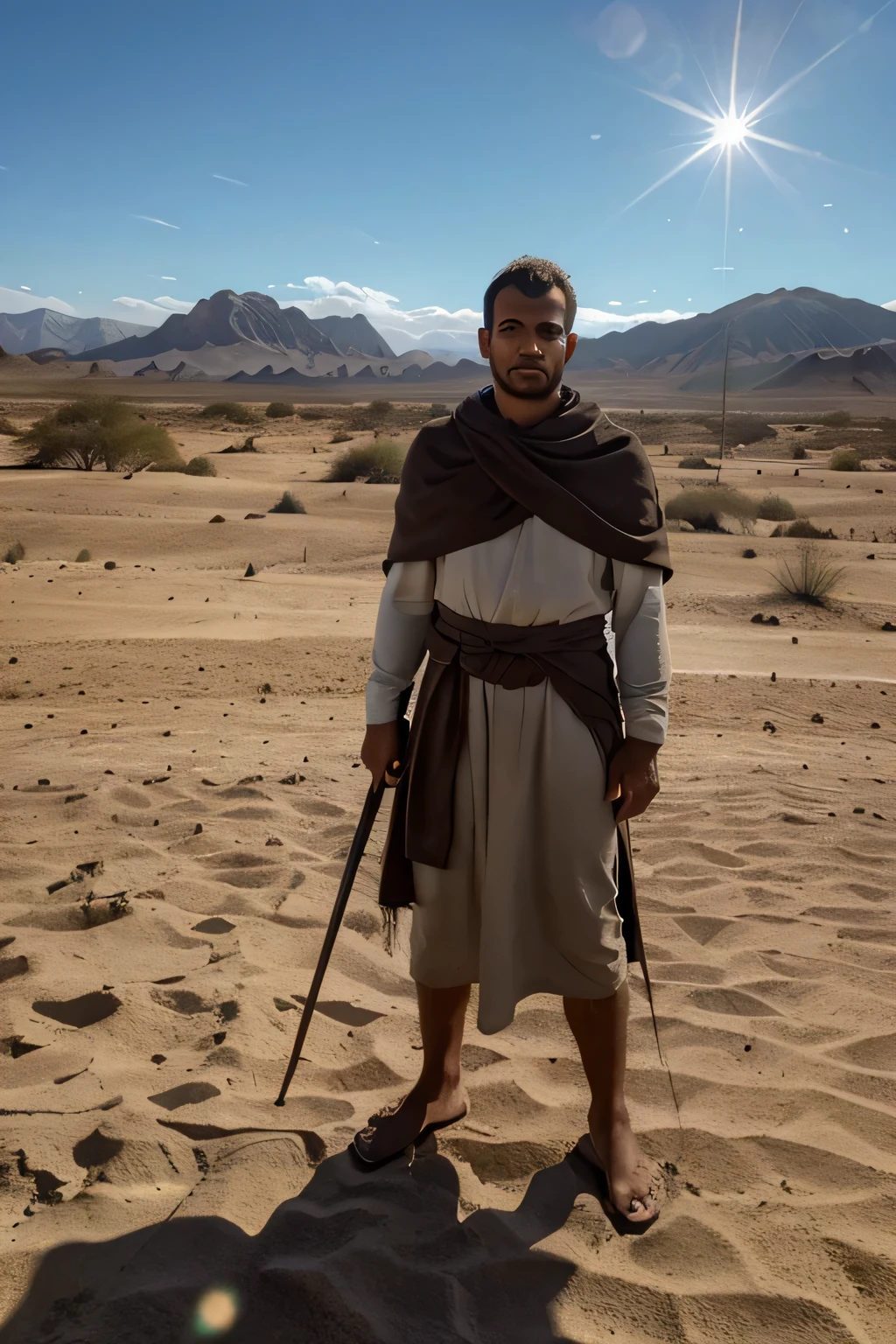 moisés, from the Bible, Sentado em uma pedra no deserto, olhando pensativamente para o horizonte. The surrounding landscape is barren and desolate, com montanhas ao longe e um vasto, clear sky. Moses appears deep in thought, with an expression of serenity and determination on his face. Moses' clothes are simple and traditional, and he holds a staff in one hand. A luz do sol ilumina suavemente a cena, creating long shadows on the ground.