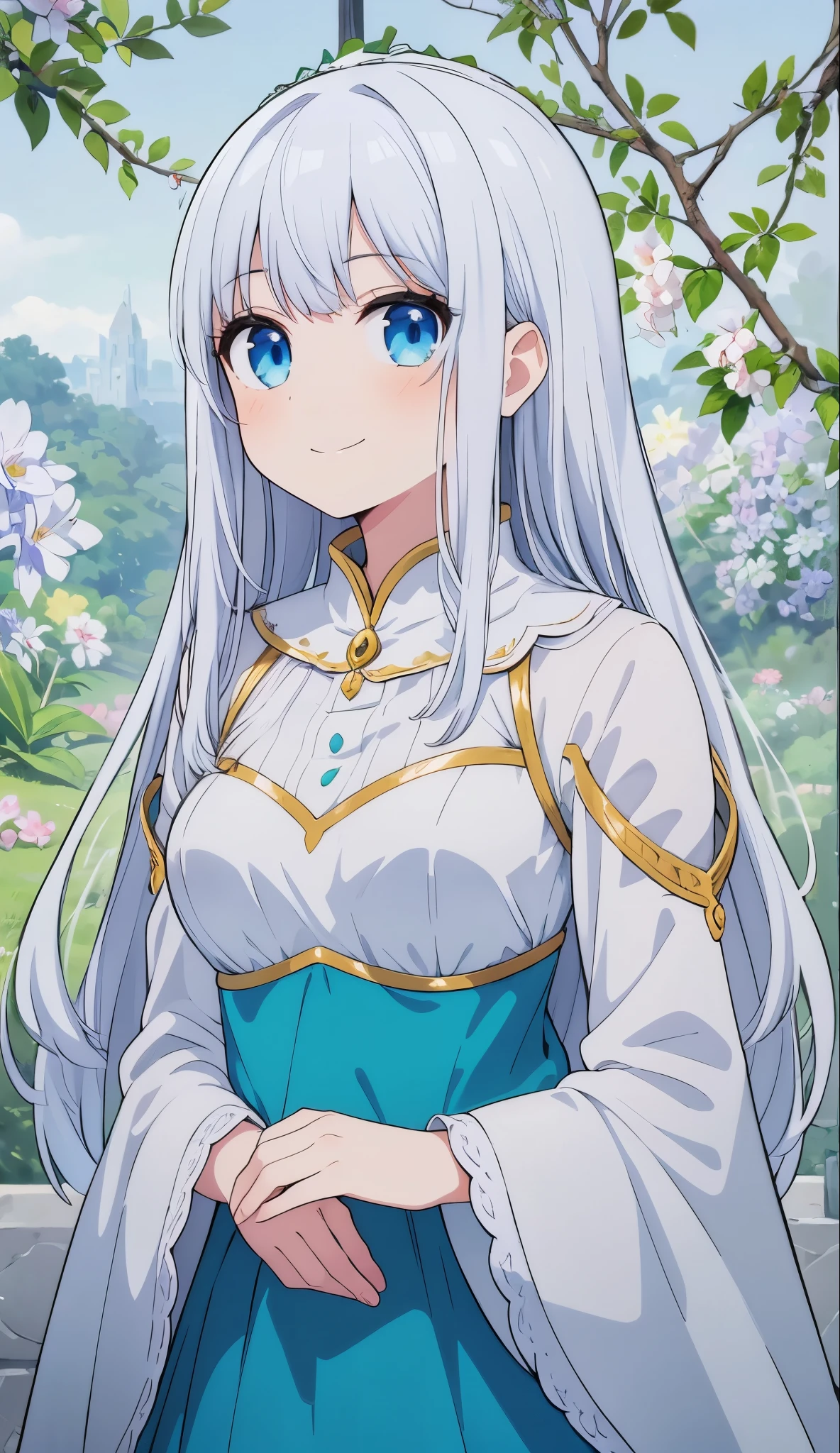 young girl, long white hair, blue eyes, forest fairy, flower fairy, Masterpiece, highquality, high detail, HD, 4k. Facing front, looking at viewer, smiling. Goddess like long dress. With wings, fairy. Flower crown. Looking at viewer, standing straight. Anime. White background