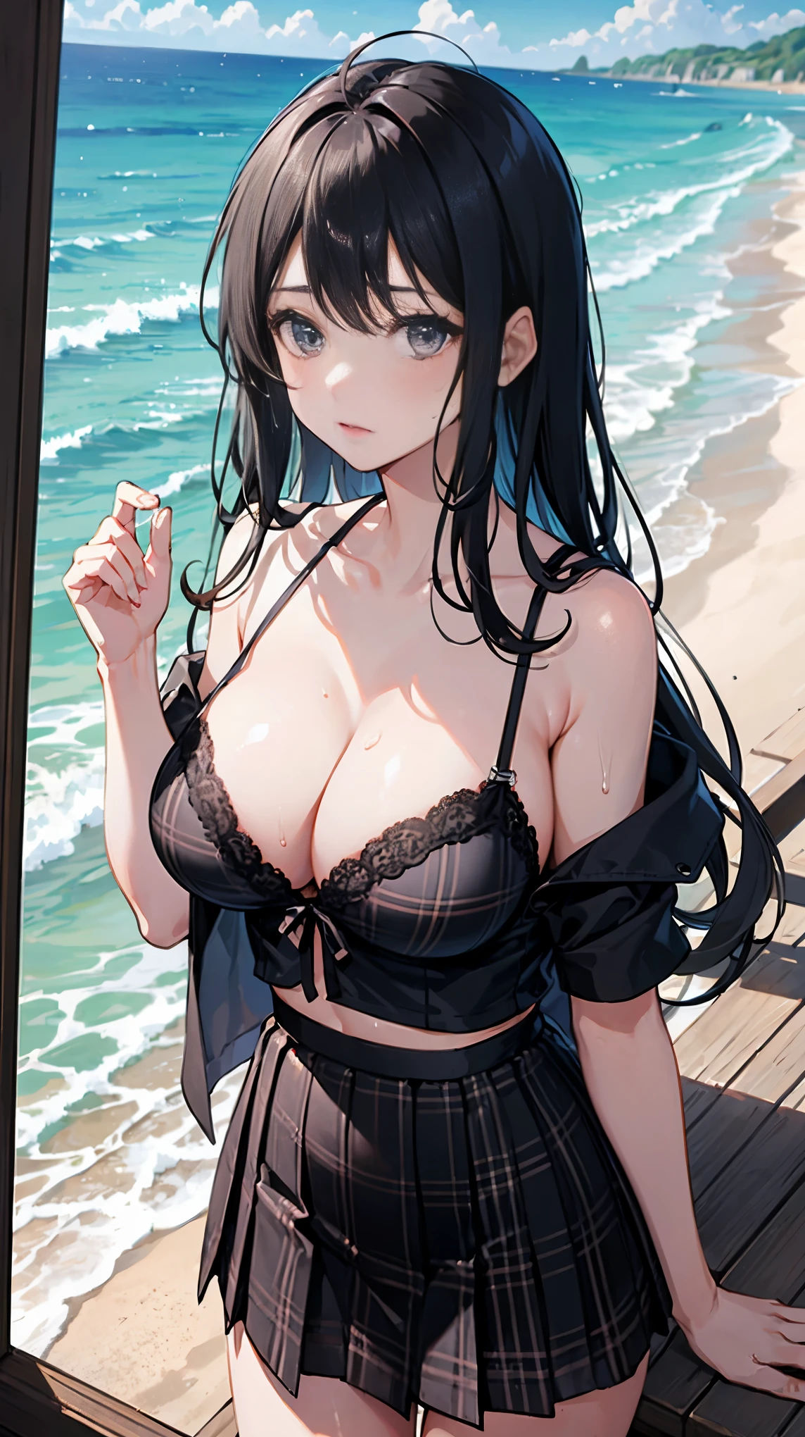 messy hair,black hair,masterpiece:1.3,best quality, at the seaside,Big breasts,sweaty, bare shoulders, Lace lingerie 1.5,Black transparent plaid skirt