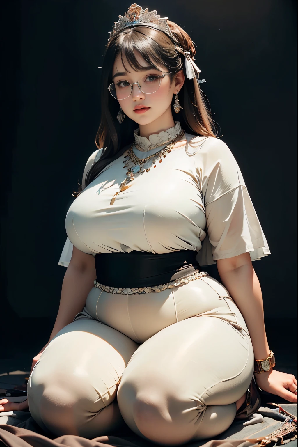 ((best quality)), ((masterpiece)), (detailed), perfect face, chubby woman, chubby face , chubby girl , widest hips , fat belly , thick neck ,, thicc , thick body , thick thighs , thick arm, small breasts but her body is a chubby, full body view, dark-black room, black bokeh background, thight dress, wearing sneakers, short hairstyle, diamond necklace, wearing a watch, tall woman, restore face, white skin , longest thight pants , glasses , cold vibes, , 4k resolution, japanese goddess 