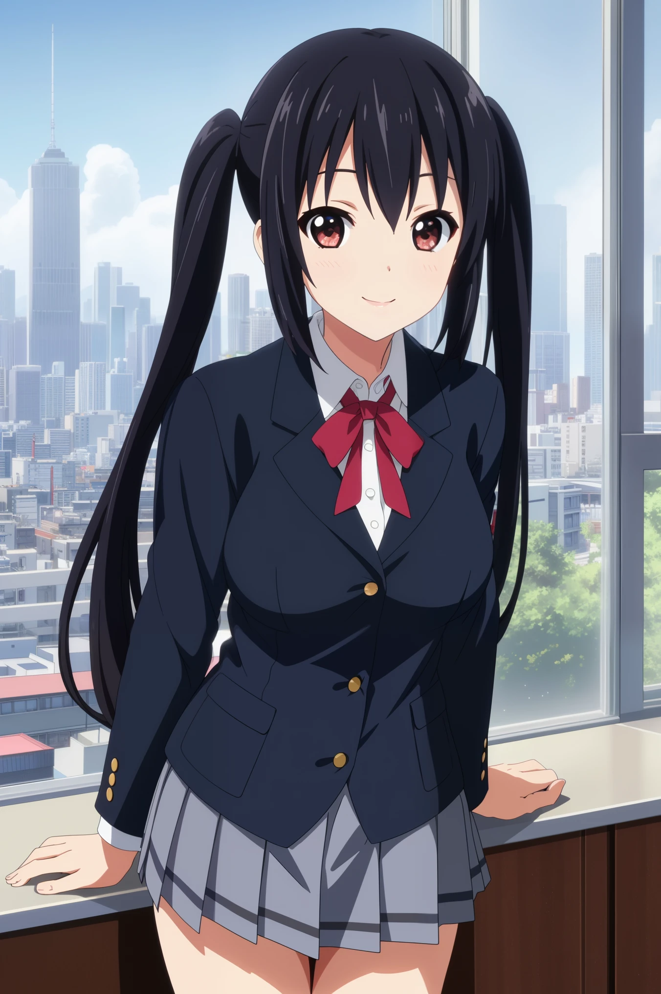 1 girl, (((masterpiece))), highest quality, highest quality, advanced details, nakano azusa, 1 girl, smile, Sakuragaoka High School Uniforms, school uniform, twin tails, hair length, black haired, brown eyes, alone, Reddish, red thin ribbon, dark blue blazer, white buttoned shirt, gray pleated skirt, comic strip, pleasant tone, calm colors, soft light like a movie, adobe light room, photo lab, HDR, complex and detailed, (written boundary depth), (masterpiece), (highest quality), (Super detailed), (enlightenment), (Take-out), big breasts, (Skyscraper), (cityscape), open your mouth, (up to the chest)