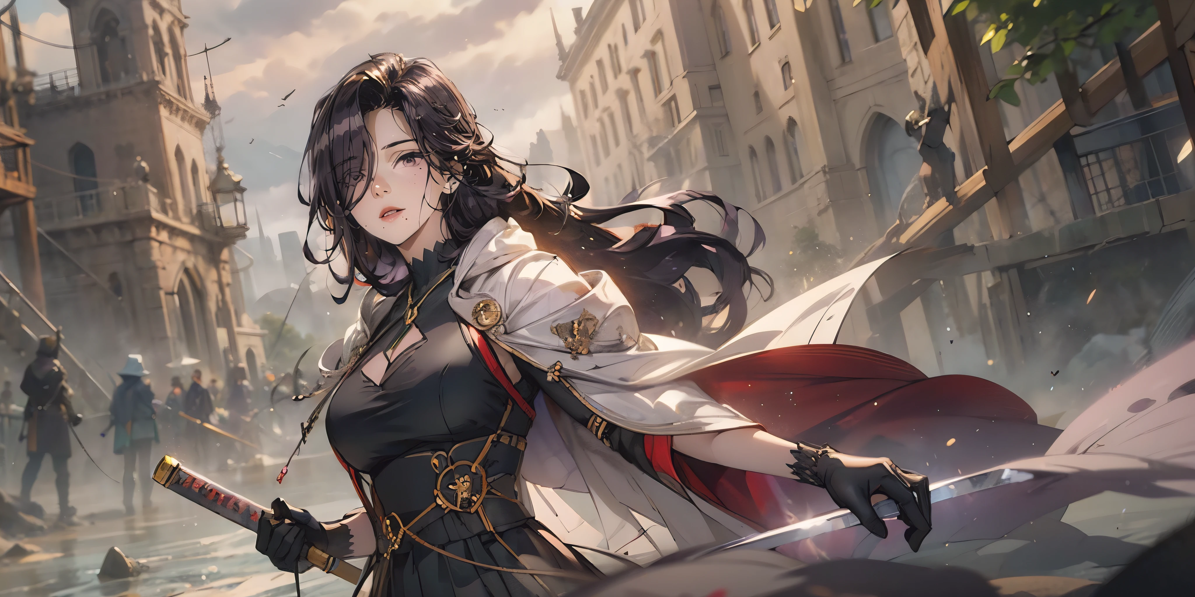 AuroraV4, (dark-purple hair, long hair, hair over one eyes:1.6), glowing eyes, hollow eyes, purple eyes, epic art, fantasy scenery, mole under mouth, 1girl, sword, gloves, black_gloves, katana, building, cape,  breasts, holding, solo, sheath, looking_at_viewer, outdoors, architecture, glow effects, godrays, Hand drawn, render, 8k, octane render, cinema 4d, blender, dark, atmospheric 4k ultra detailed, cinematic, Sharp focus, big depth of field, Masterpiece, colors, 3d octane render, 4k, concept art, trending on artstation, hyperrealistic, Vivid colors, extremely detailed CG unity 8k wallpaper, trending on CGSociety, Intricate, High Detail, dramatic