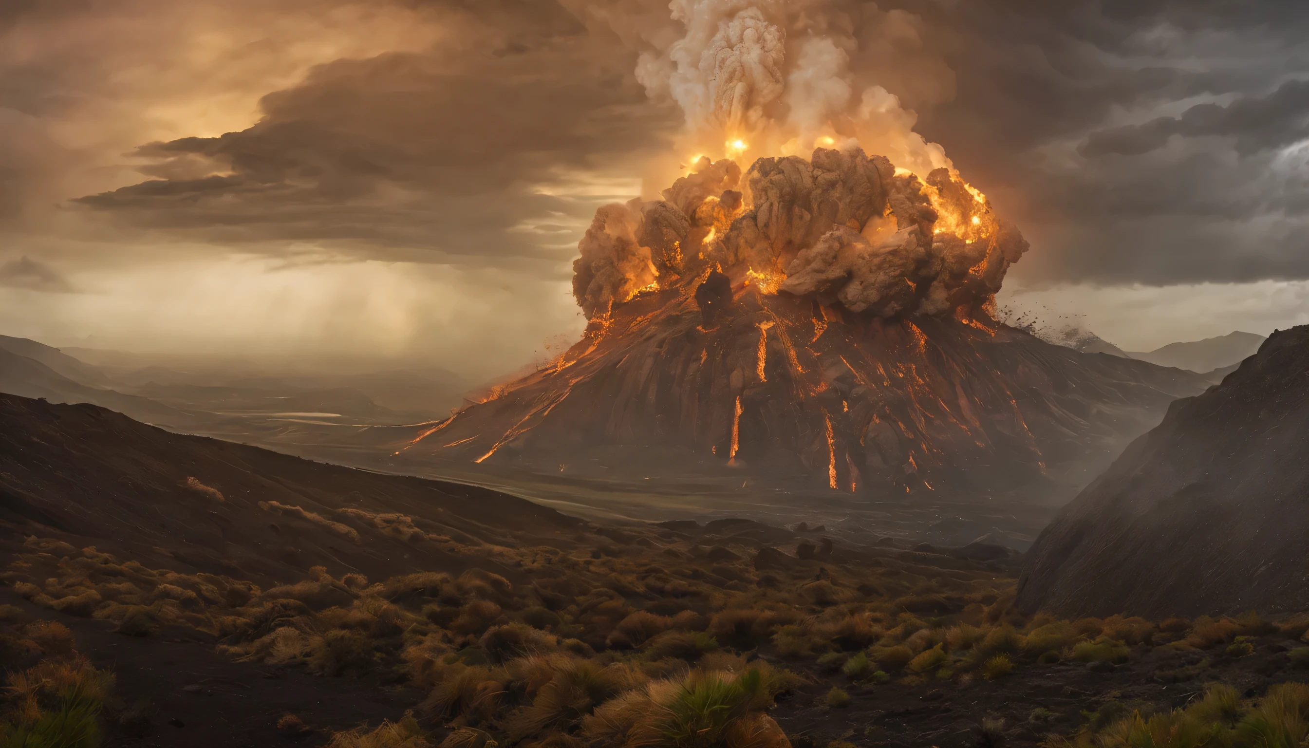 Un grand et profond cratére volcanique, sombre et enfumé, paysage de roches chaotique et oppressant, des centaines de sauterelles sortent du cratère et viennent vers nous, des sauterelles couvrent le sol par centaines et volent dans les airs par centaine, ces sauterelles portent des cuirasses comme une armure de fer, les têtes des sauterelles sont décorées de couronnes dorées, ces sauterelles ont des visages humains, ces sauterelles ont des cheveux longs, ces sauterelles ont des dents longues et acérées, ces sauterelles ont des ailes puissantes, ces sauterelles ont des queues de scorpion, ambiance crépusculaire, apocalyptique, menaçante, sombre, dramatique, fantastique, légendaire, surréalisme, le romantisme, Dieu rayons, grain de film, remplissage d&#39;image, graphique, Point de vue atmosphérique, panorama, De côté, super détail, Haute qualité, primé, 8K