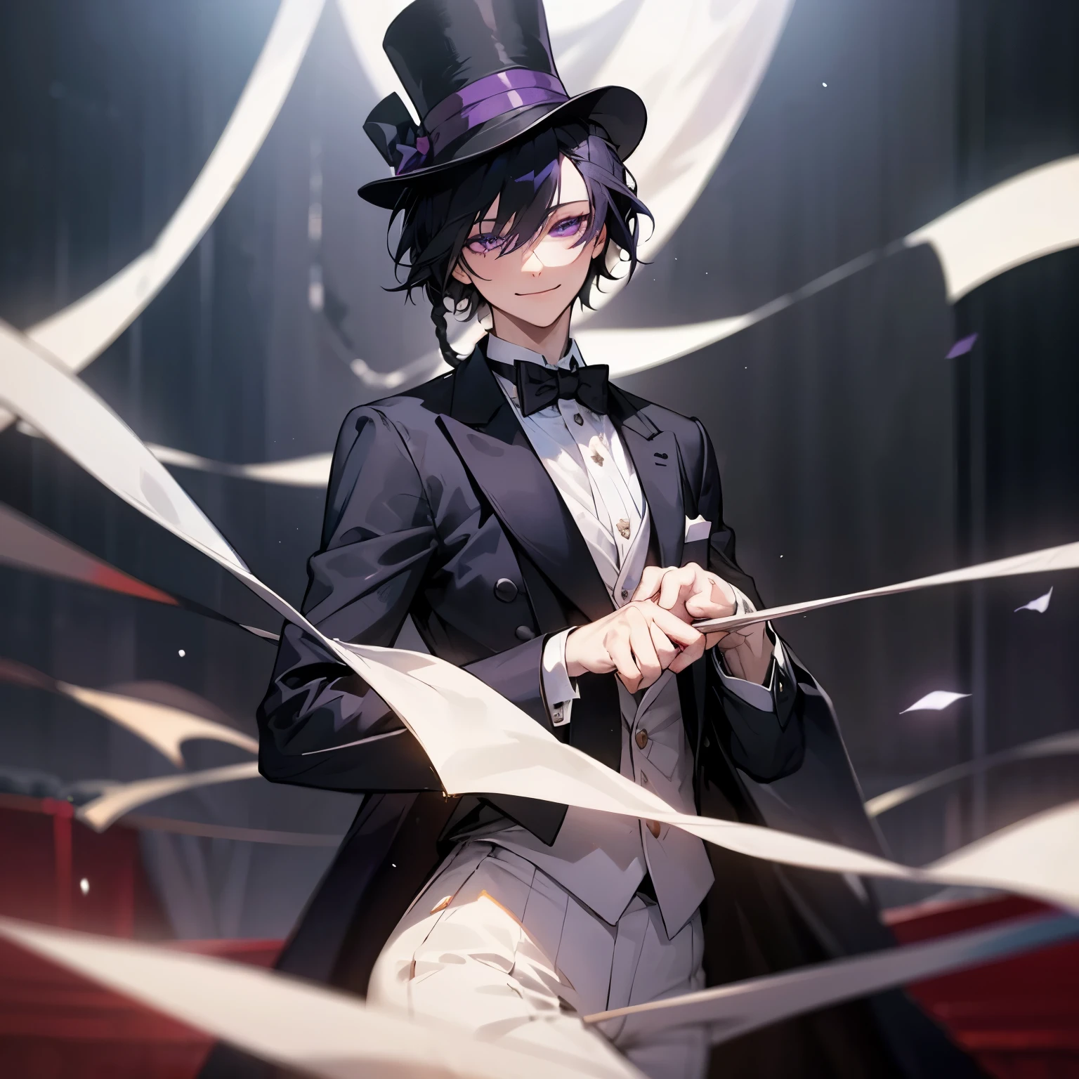 1 person, nsfw, Smiling expression, Curtain call,on stage,magician, black hair, short hair,The hair on the right side is braided and hangs down naturally.,Dark purple eyes, noble, pale skin, dull color, Tuxedo, top hat, Swallow flocks,Fantastic background,sharp focus, Mature, alone, male, Blurred foreground, Cinema lighting