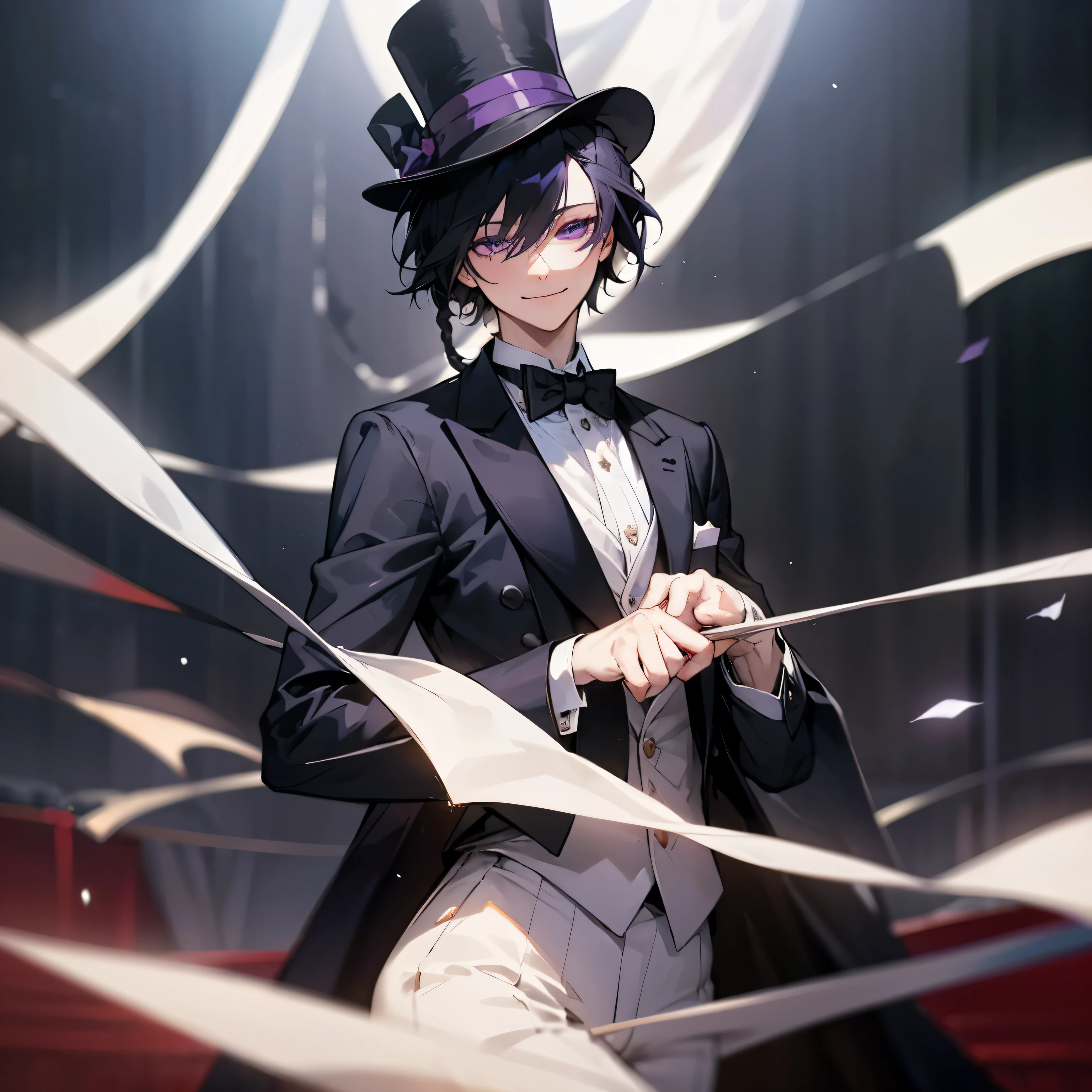 1 person, NSFW, smile, Curtain call，on stage，magician, black hair, short hair,The hair on the right is braided，Hang down naturally.，dark purple eyes, noble, pale skin, The color is dull, Tuxedo, top hat, Swallow flocks，fantastic background，sharp focus, Mature, alone, male, Blurred foreground, Cinema lighting