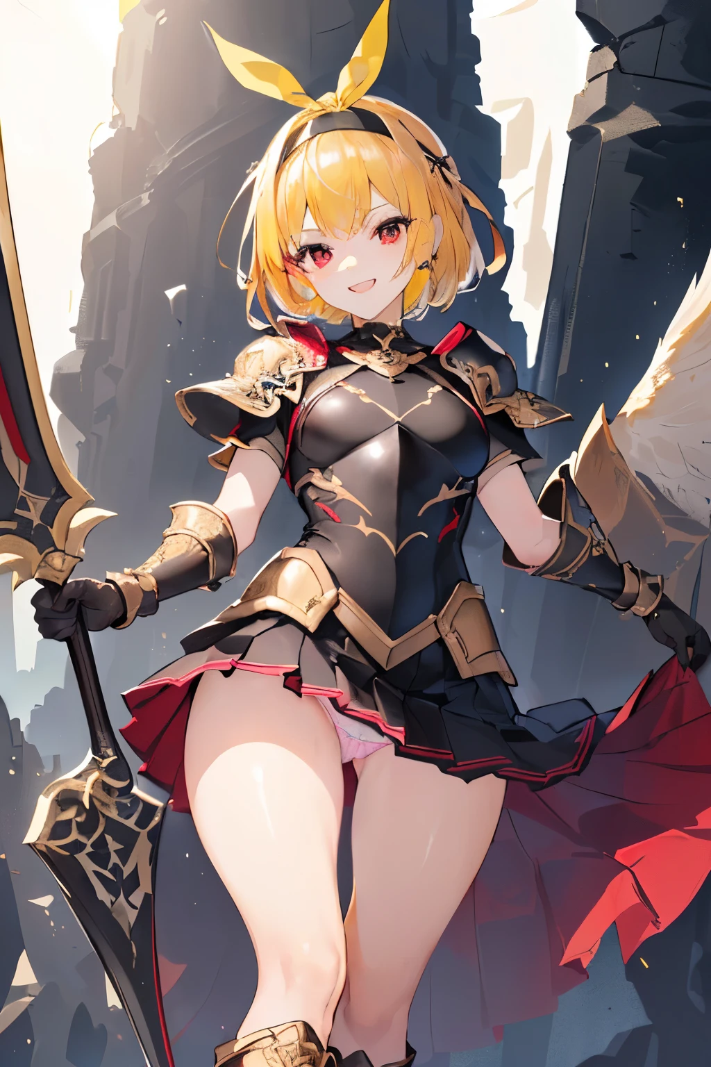 (((1girl))), ((best quality)), ((masterpiece)), ((ultra-detailed)), (illustration), (detailed light), (an extremely delicate and beautiful), (beautiful detailed eyes), (sunlight), ((extremely light)), ((extremely clothes)), (((hyper detail))),(((((front lighting))))),(((((front light))))),
((((quite adorable and black armor with a red pleated skirt and robe and headband)))),
((((Black Knight)))),
,
(((wavy short manish bob))), ((((yellow gold hair)))), ((((short hair)))),
(((deep red eyes))),
((((whole body)))), aged 5 8, ((((())))), ((((very adorable young girl)))),
((condescending expression)), ((mischievous smile with sexual satisfaction)), (((extra adorable))), (((((extra slender shape))))),
(((((extremely beautiful detailed face))))),
(((bravely standing with an ax))),
(((elegant boots))),
(Dutch angle), (((elegant gloves))), ((transparent magical underskirt)), ((a little bit exposed adorable magical panties))