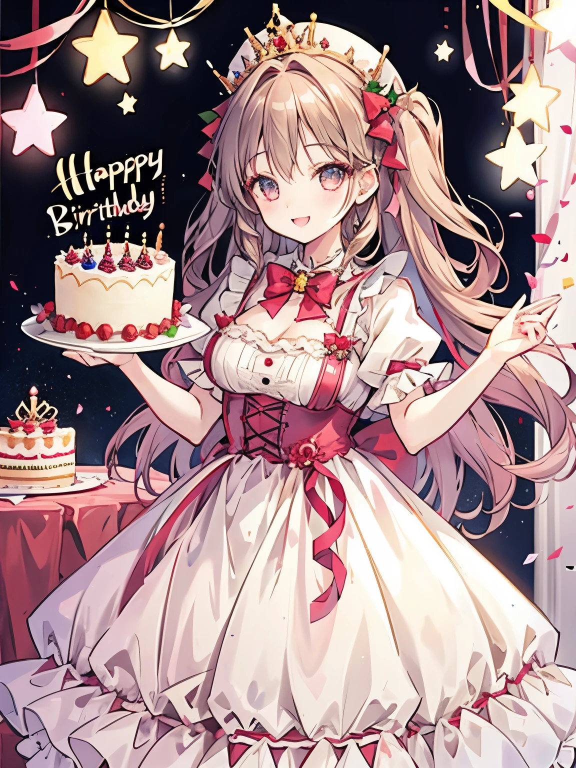 girl,birthday cake,festive atmosphere,smile,Fluffy and voluminous hair like a princess,main character's aura