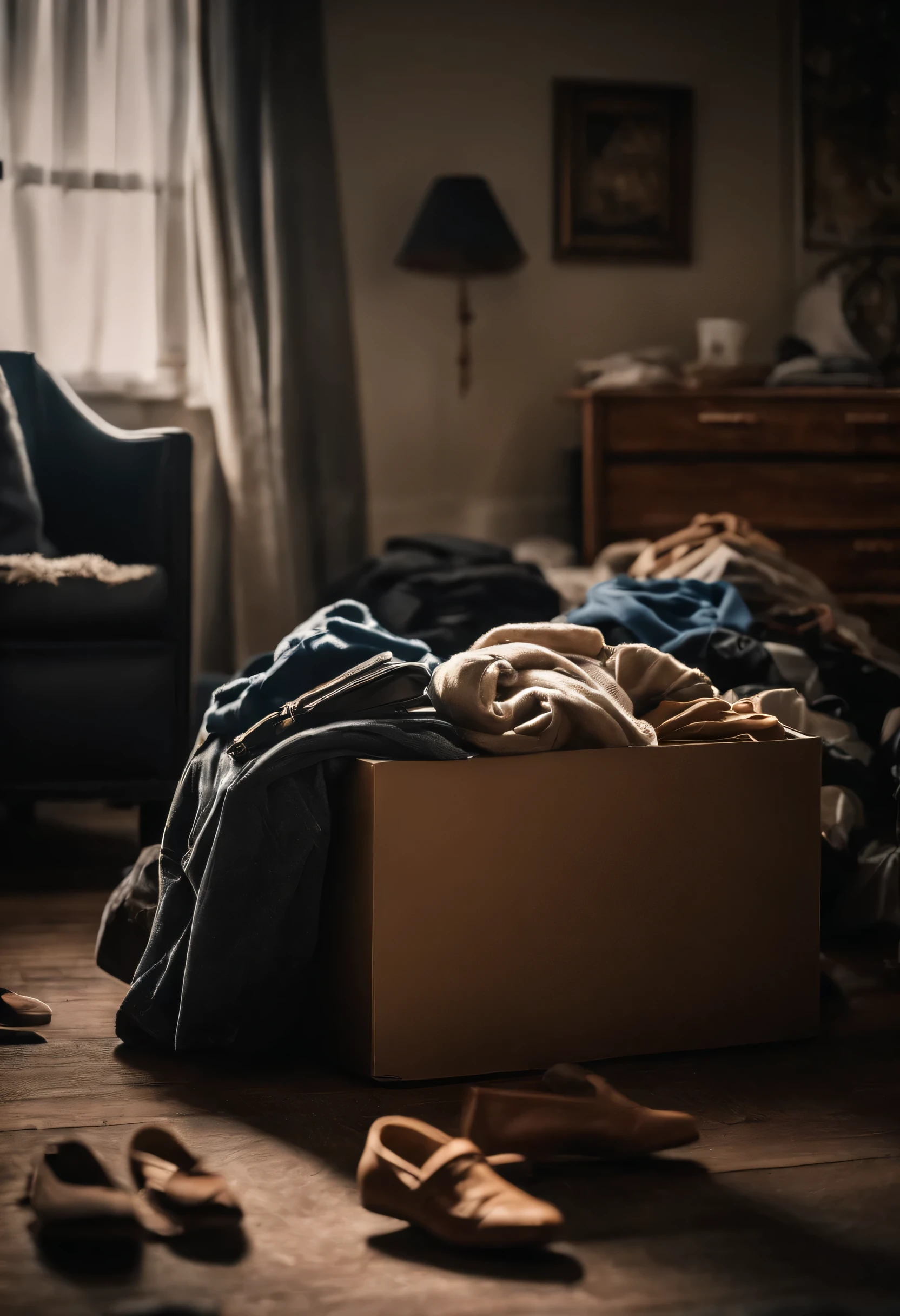The closet was open and clothes were overflowing.. It&#39;s very busy., With clothes piled up on the floor