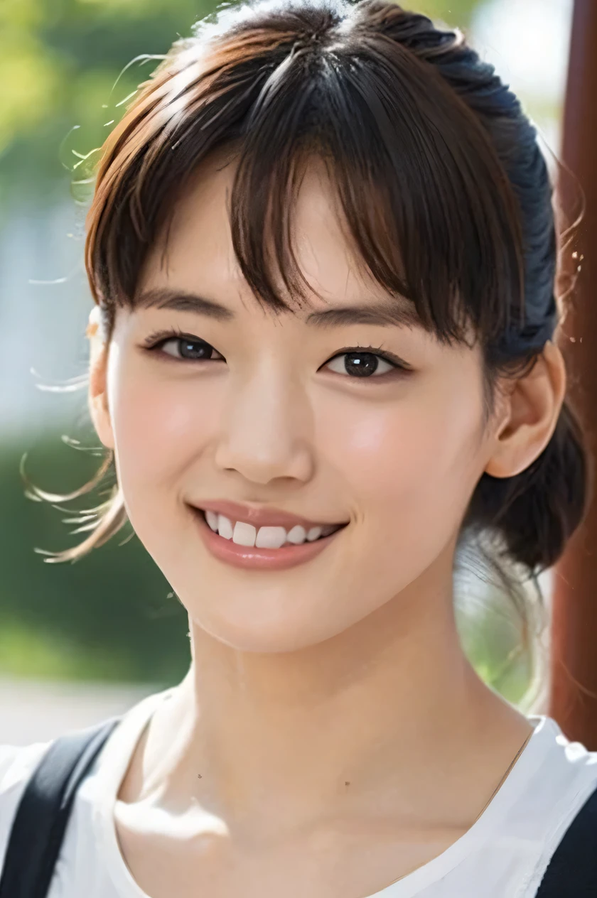 one girl, (a beauty girl, delicate girl:1.3), (, gal:1.3), (green sports wear:1.2), very fine eye definition, (symmetrical black eyes:1.3), stare at the camera, A big smile, show teeth, (trackfield view:1.2), small breasts, brown short hair, girl, (eyes and faces with detailed:1.5), (masterpiece, best quality, ultra detailed, detailed face, 8k), Swayback stance