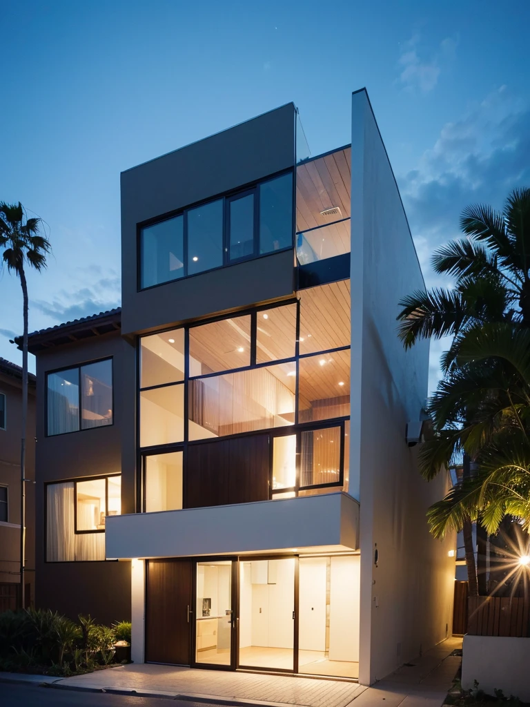 Ultra-realistic 8k, hd image quality, sharp detail, 2-story modern house, main materials: white walls, wooden ceiling accents, large glass windows, roads, cars, sidewalks, American Palm trees high, has a small alley, located in a residential area, modern style, shimmering sky, sunset light, feels peaceful, beautiful, close and warm, ((Warm light from indoor:1.3)), (daylight:1.2), perfect lighting,dynamic light,2 large glass doors,((1 large glass window:1.3)), (night light), (colorful flowers in front of the house)