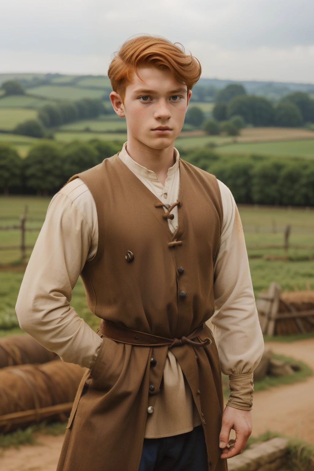 England, 1337. A young ((((16-year-old)) Wulfric)), rustic boy, strong, angular features, serious, kind, working in the farm. ((((clothings from the 1300s)))), ((ginger hairstyle of the 1300s))