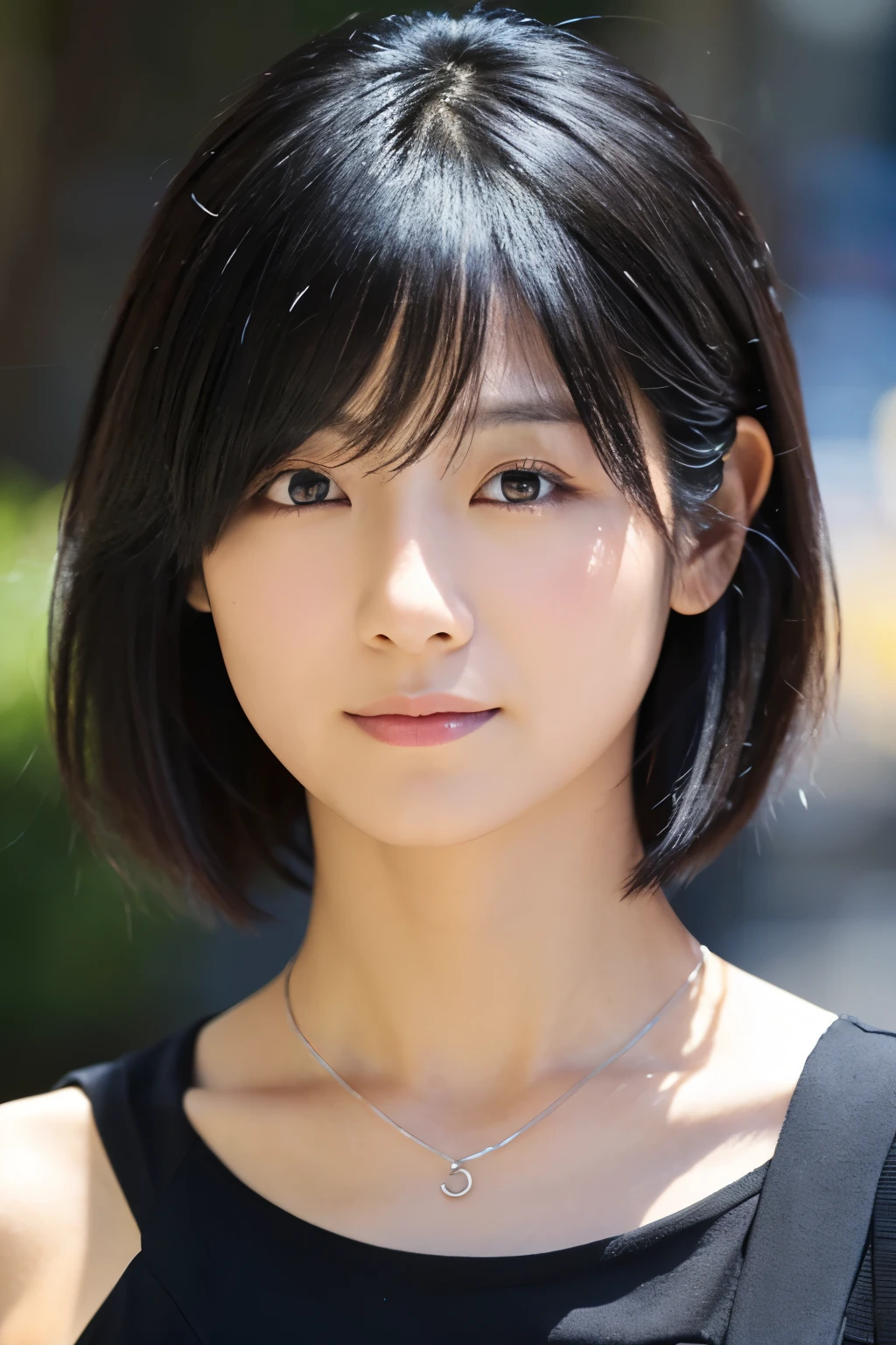 A woman who looks like Ayato Ueto、black hair、short hair、front、from head to neck