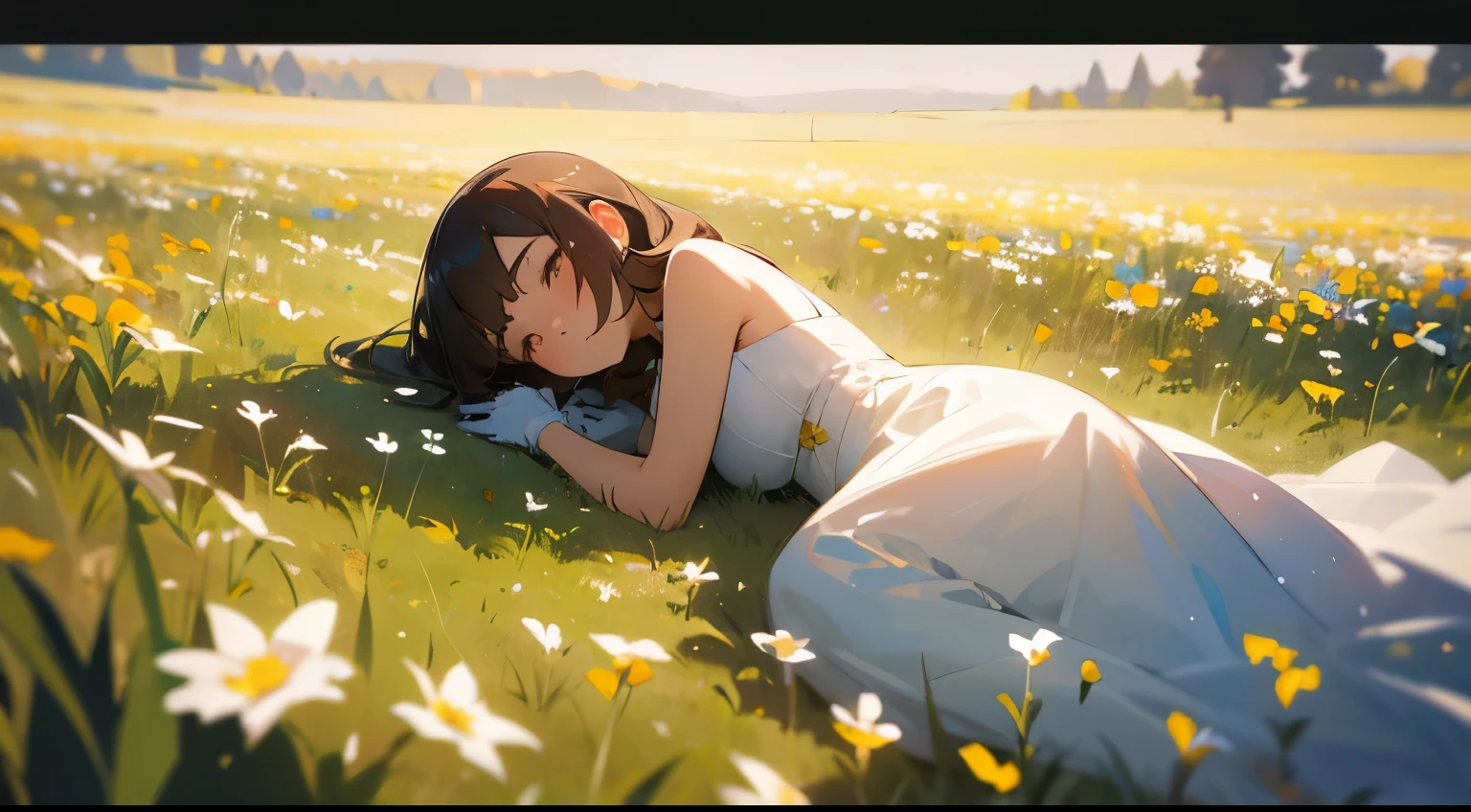 masterpiece, best quality), cinematic composition, letterboxed, depth of field, solo focus, girl lying in a field of flowers with resting on the ground, filled with flowers, gloves, flower,warm lighting, white dress,