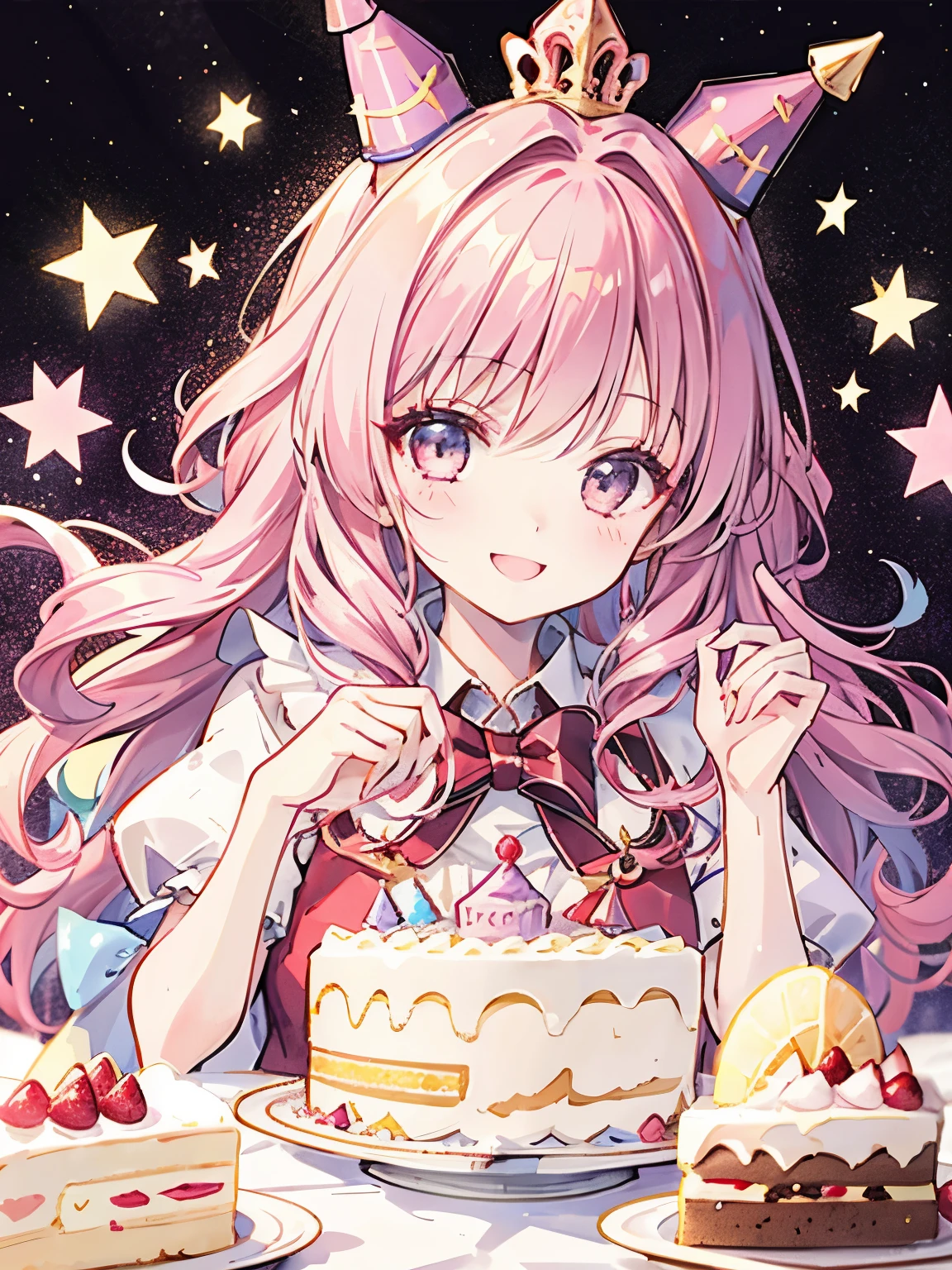 girl,birthday cake,festive atmosphere,smile,Fluffy and voluminous hair like a princess,main character&#39;s aura,close up of face