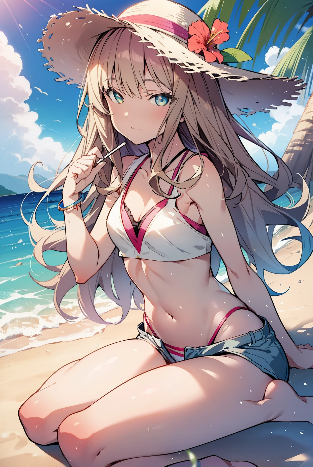 The bud of a tropical dream,The bud of a tropical dream　sss dynazenon ,brown hair,long hair,green eyes,big straw hat,smile,blush,hibiscus hair ornament,blue bikini swimsuit,barefoot,ビーチのsandy beachを散歩しながら,sky blue hair waving in the wind,sandy beachに座ってる,
rest outdoors, sandy beach,destroy the seaside (masterpiece:1.2), highest quality, High resolution, unity 8k wallpaper, (shape:0.8), (thin and beautiful eyes:1.6), highly detailed face, perfect lighting, Very detailed CG, (perfect hands, perfect anatomy),