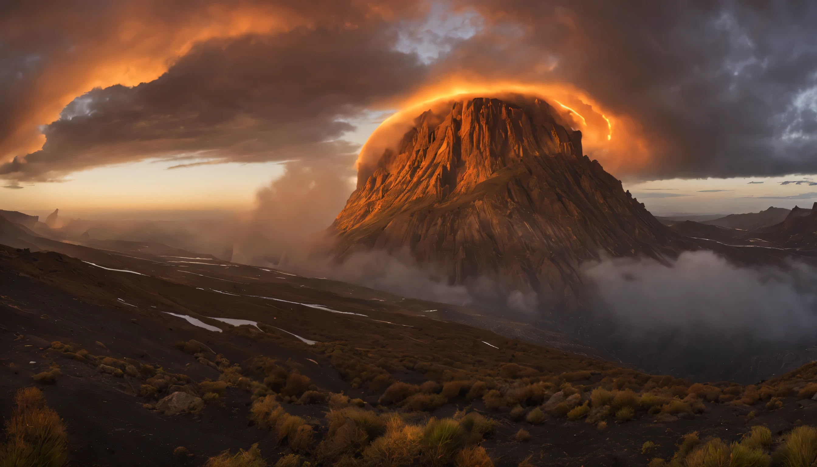 Un grand et profond cratère volcanique, sombre et enfumé, paysage de rochers ciselés, chaotique et oppressant, nombreuses sauterelles sortent du cratère et viennent vers nous, les sauterelles couvrent le sol et volent dans les airs en grand nombre, ces sauterelles portent des cuirasses comme une armure de fer, les têtes des sauterelles sont décorées de couronnes dorées, ces sauterelles ont des visages humains, ces sauterelles ont des cheveux longs, ces sauterelles ont des dents longues et acérées, ces sauterelles ont des ailes puissantes, ces sauterelles ont des queues de scorpion, ambiance crépusculaire, apocalyptique, menaçante, sombre, dramatique, fantastique, légendaire, Lumière cinématographique, surréalisme, le romantisme, Dieu rayons, grain de film, remplissage d&#39;image, graphique, oeil de poisson, Point de vue atmosphérique, De côté, super détail, Haute qualité, primé, 8K