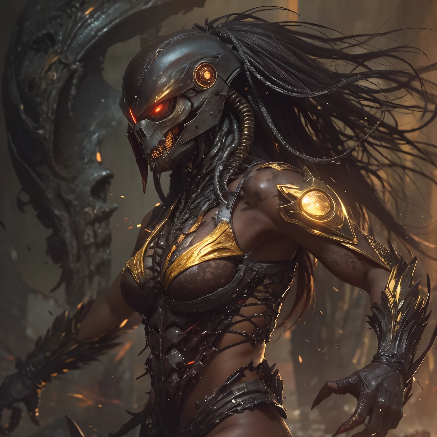 1 female alien, The predator, warrior, (extremely beautiful:1.2), (intense gaze:1.4), (predator:1.1), long dark claws, NSFW,  nipples, thick eyebrows, glowing and shining golden eyes, the most beautiful face in the universe, black hair,

A woman with an extremely beautiful face, her intense gaze fixed on her prey, a primal force that could not be denied.

(extreamly beautiful lean body:1.5), (ultra muscular build:1.2), (prowling:1.3), (sleek movements:1.4),

Her beautiful body, muscular and toned, moved with sleek grace as she prowled, ready to strike at a moment's notice. The predator within her was always on