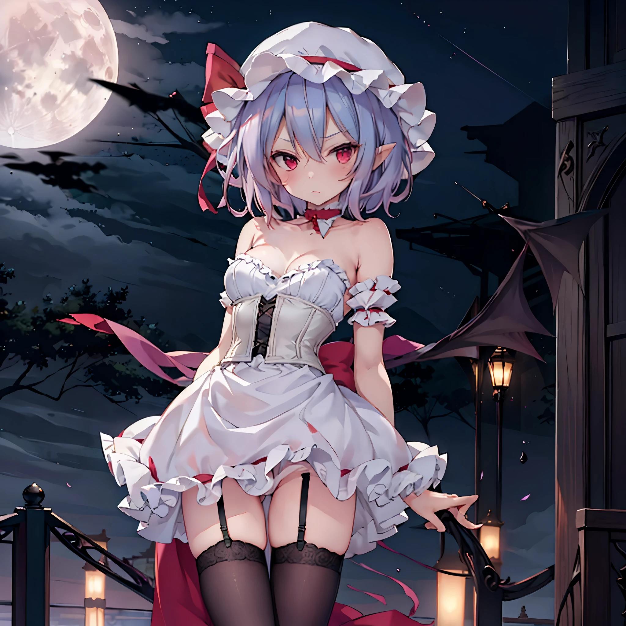 (Remilia toho character standing on the deck of mansion:1.3), (solo:1.2), skinny, a full moon, midnight, BREAK, short hair, collarbone, (emphasize small very perky breasts:1.3), (emphasize cleavage:1.3), (inconceivably thin narrow waist:1.3), (very short thin torso:1.2), very long (thin legs), emphasize thigh gap, (arms behind back:1.2), BREAK, (very short sheer white dress squeeze breasts:1.2), (dress lift breasts up:1.3), (inconceivably wiry narrow brown corset cinches waist too tight:1.5), (frilled too short white miniskirt), (light blue thighhighs), BREAK, nose blush