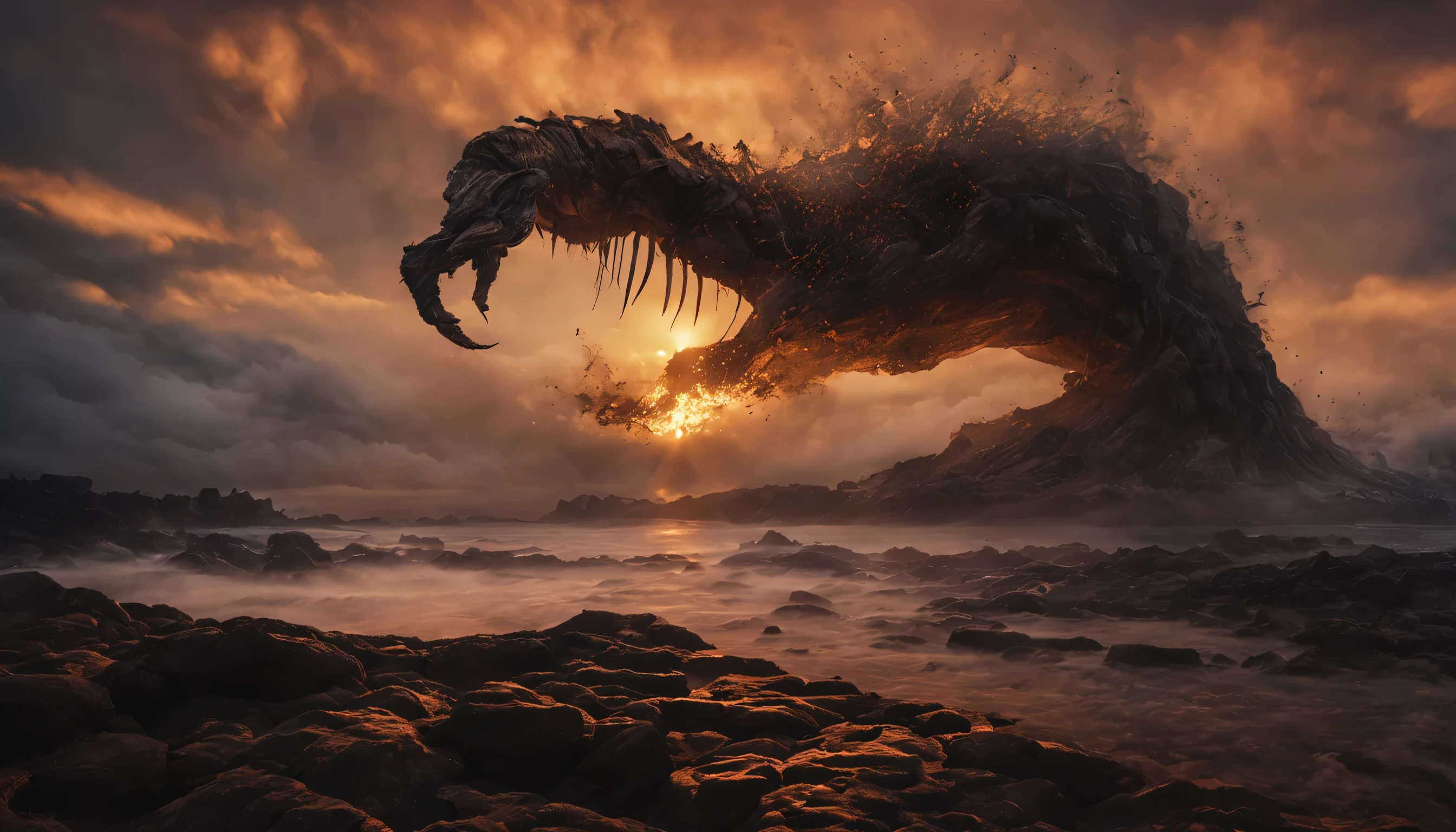 Un grand et profond cratère volcanique, sombre et enfumé, paysage de rochers ciselés, chaotique et oppressant, nombreuses sauterelles sortent du cratère et viennent vers nous, les sauterelles couvrent le sol et volent dans les airs en grand nombre, ces sauterelles portent des cuirasses comme une armure de fer, les têtes des sauterelles sont décorées de couronnes dorées, ces sauterelles ont des visages humains, ces sauterelles ont des cheveux longs, ces sauterelles ont des dents longues et acérées, ces sauterelles ont des ailes puissantes, ces sauterelles ont des queues de scorpion, ambiance crépusculaire, apocalyptique, menaçante, sombre, dramatique, fantastique, légendaire, Lumière cinématographique, surréalisme, le romantisme, Dieu rayons, grain de film, remplissage d'image, graphique, oeil de poisson, Point de vue atmosphérique, De côté, super détail, Haute qualité, primé, 8K