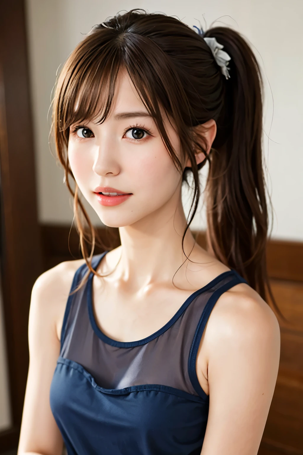 masterpiece, 最high quality, ultra high resolution, (realistic:1.4), detailed beautiful face, fine clothes, amazing european women, wearing a tank top, So cute, close up portrait, 肌が柔らかくてperfect face、perfect face, gorgeous long ponytail brown hair, 8K resolution,Super realistic,super detailed,high quality, (small breasts:1.2), wide field of view