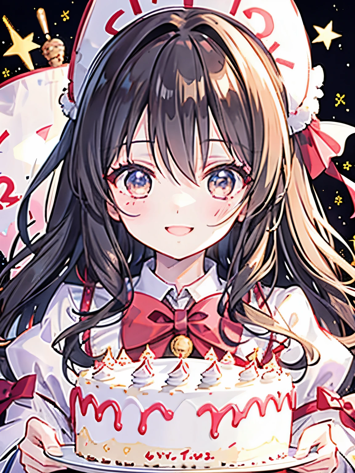girl,birthday cake,festive atmosphere,smile,Fluffy and voluminous hair like a princess,main character's aura,close up of face,Congratulations!🎊🎉