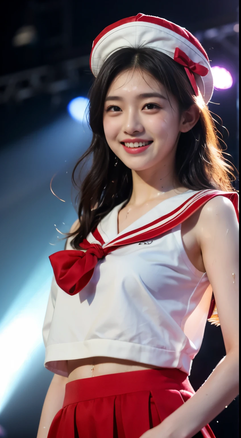 ((masterpiece, highest quality)),shape,Ultra detailed 8K,realistic,sharp focus,very detailed,professional lighting,colorful details,((Euphoric look))、((smile:1.15))、((sweating:1.4))、((translucent:1.3 sailor suit))、Pink and red、ribbon、sailor hat、super cute girl、Part of an idol group、(((Dancing at concerts)))、Hair is moving、spotlight of、18-year-old,shine,intricate details,Shitsumeka,1 A girl is in front of the audience..,belly button