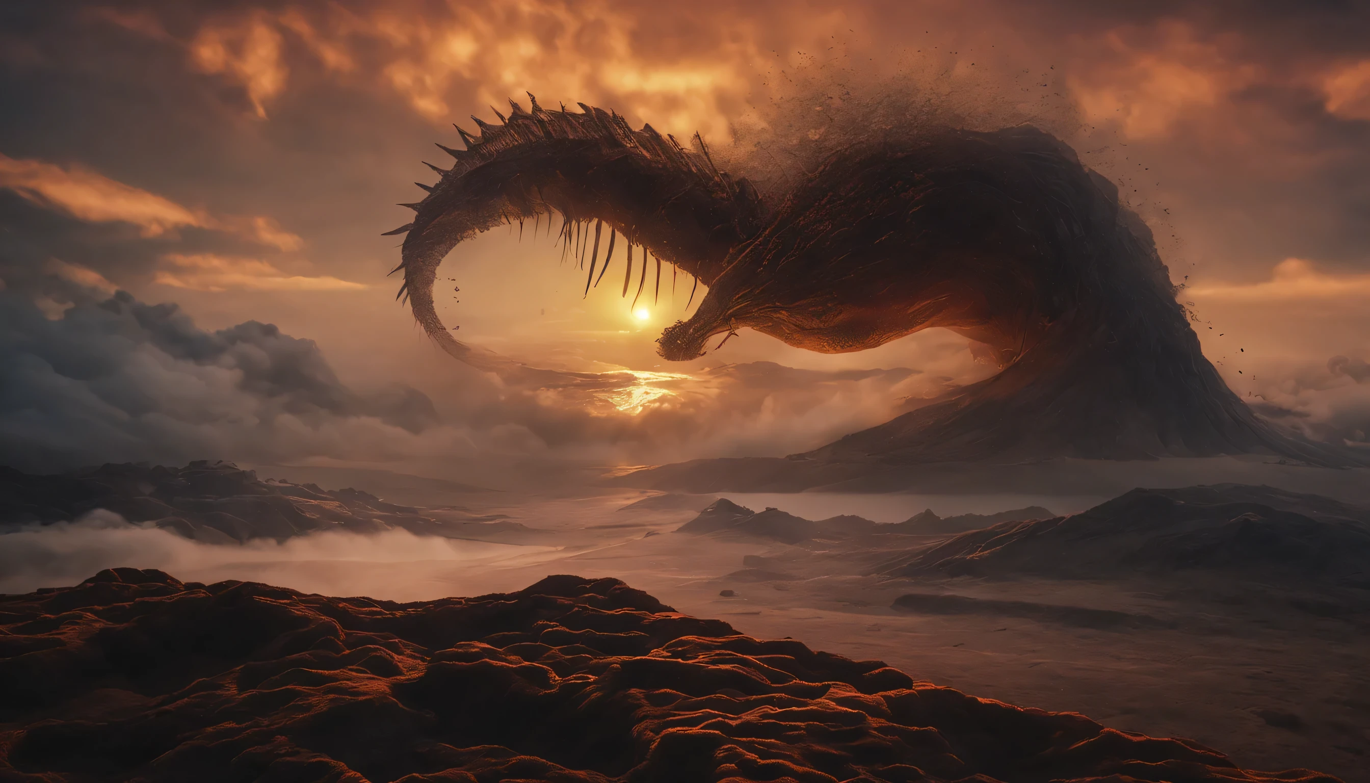 Un grand et profond cratère volcanique, sombre et enfumé, paysage de rochers menaçants, chaotique et oppressant, de multiples sauterelles sortent du cratère et viennent vers nous, les sauterelles couvrent le sol et volent dans les airs en grand nombre, ces sauterelles portent des cuirasses comme une armure de fer, les têtes des sauterelles sont décorées de couronnes dorées, ces sauterelles ont des visages humains, ces sauterelles ont des cheveux longs, ces sauterelles ont des dents longues et acérées, ces sauterelles ont des ailes puissantes, ces sauterelles ont des queues de scorpion, ambiance crépusculaire, apocalyptique, menaçante, sombre, dramatique, fantastique, légendaire, Lumière cinématographique, surréalisme, le romantisme, Dieu rayons, grain de film, remplissage d&#39;image, graphique, Point de vue atmosphérique, De côté, super détail, Haute qualité, primé, 8K