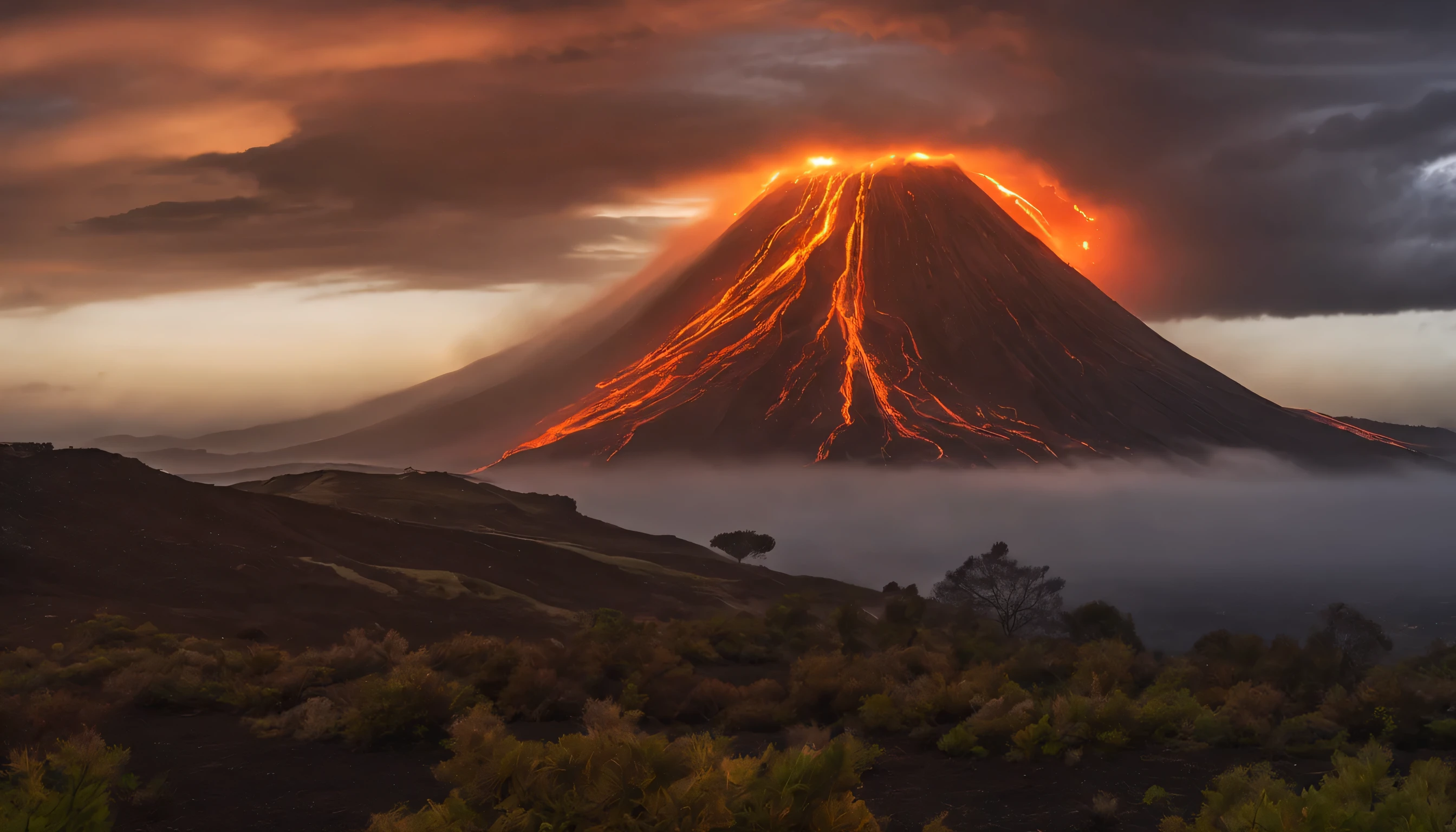 Un grand et profond cratère volcanique, sombre et enfumé, paysage de rochers menaçants, chaotique et oppressant, de multiples sauterelles sortent du cratère et viennent vers nous, les sauterelles couvrent le sol et volent dans les airs en grand nombre, ces sauterelles portent des cuirasses comme une armure de fer, les têtes des sauterelles sont décorées de couronnes dorées, ces sauterelles ont des visages humains, ces sauterelles ont des cheveux longs, ces sauterelles ont des dents longues et acérées, ces sauterelles ont des ailes puissantes, ces sauterelles ont des queues de scorpion, ambiance crépusculaire, apocalyptique, menaçante, sombre, dramatique, fantastique, légendaire, Lumière cinématographique, surréalisme, le romantisme, Dieu rayons, grain de film, remplissage d&#39;image, graphique, Point de vue atmosphérique, De côté, super détail, Haute qualité, primé, 8K