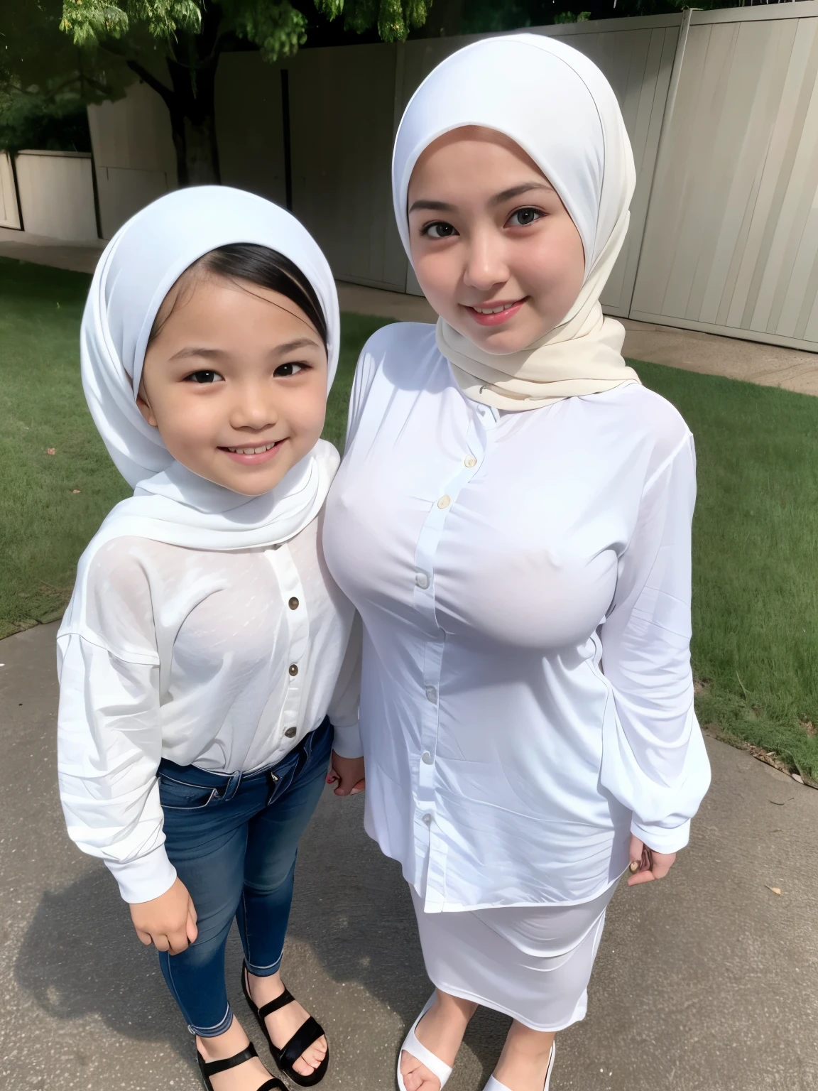 adorable, (two girl, same age), 10 years old, baby face, happy, full body portrait, (face details: 1), (eye details: 1), ((big breasts)). wearing white long shirt, hijab, .. Cute posed. proportional body. Ultra High Res. realistic: 1.4, UHD