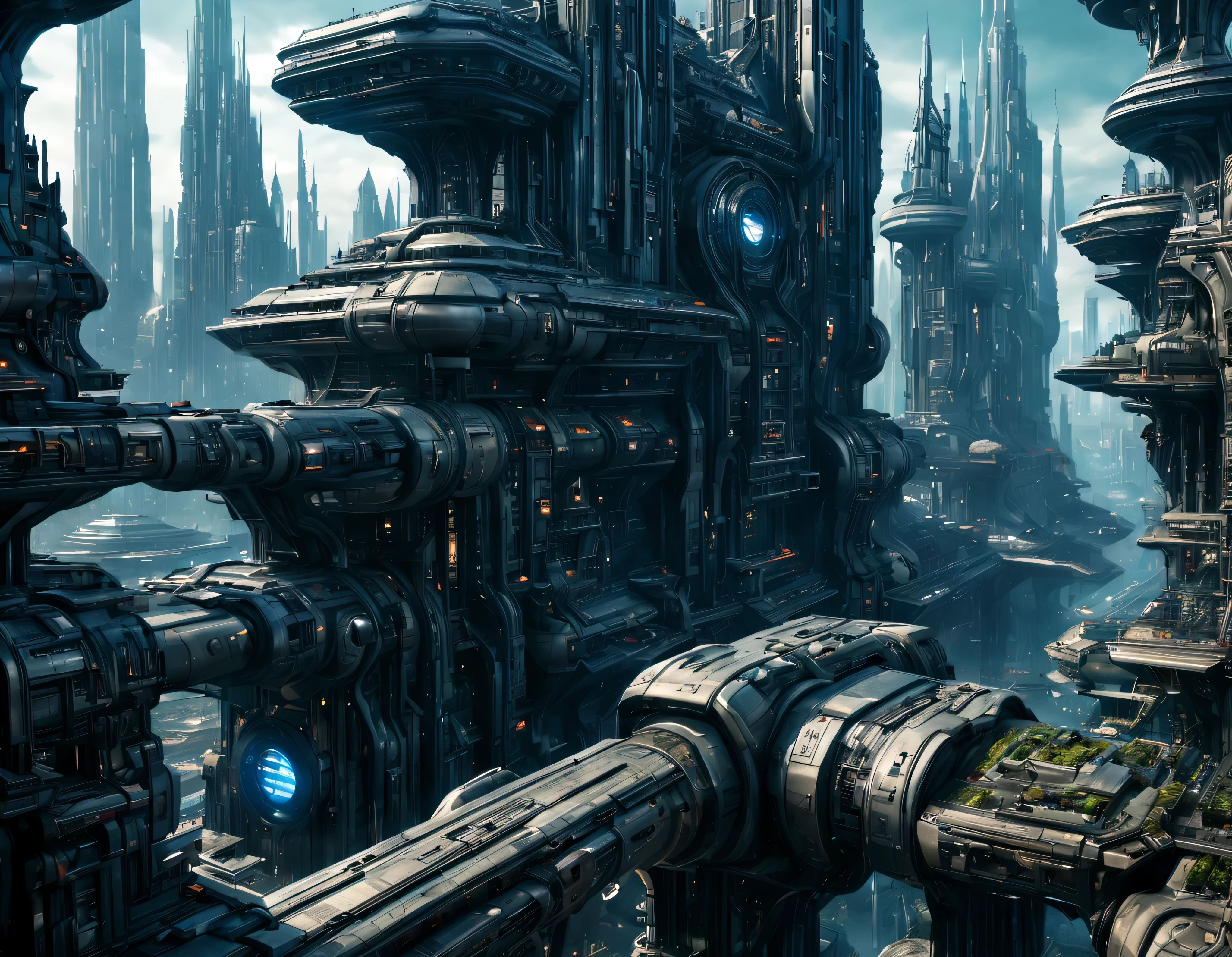 On an unknown planet there is a futuristic fantasy city similar to the one in the movie Tomorrowland., cyberpunk, century XXV technology, with huge buildings of super technological design, puentes entre edificios, que forman una infinita avenida con estructuras acristaladas y de metal, donde predomina el bronce, con Colores vivos, pavimento ensolado sin brillo, poca gente paseando, similar a Coruscant, imagen bien definida 8k, (intrincados detalles de la maquina), con muchos edificios juntos.(obra maestra de superior calidad).(imagen fotorrealista), nitidez absoluta hasta el fondo.