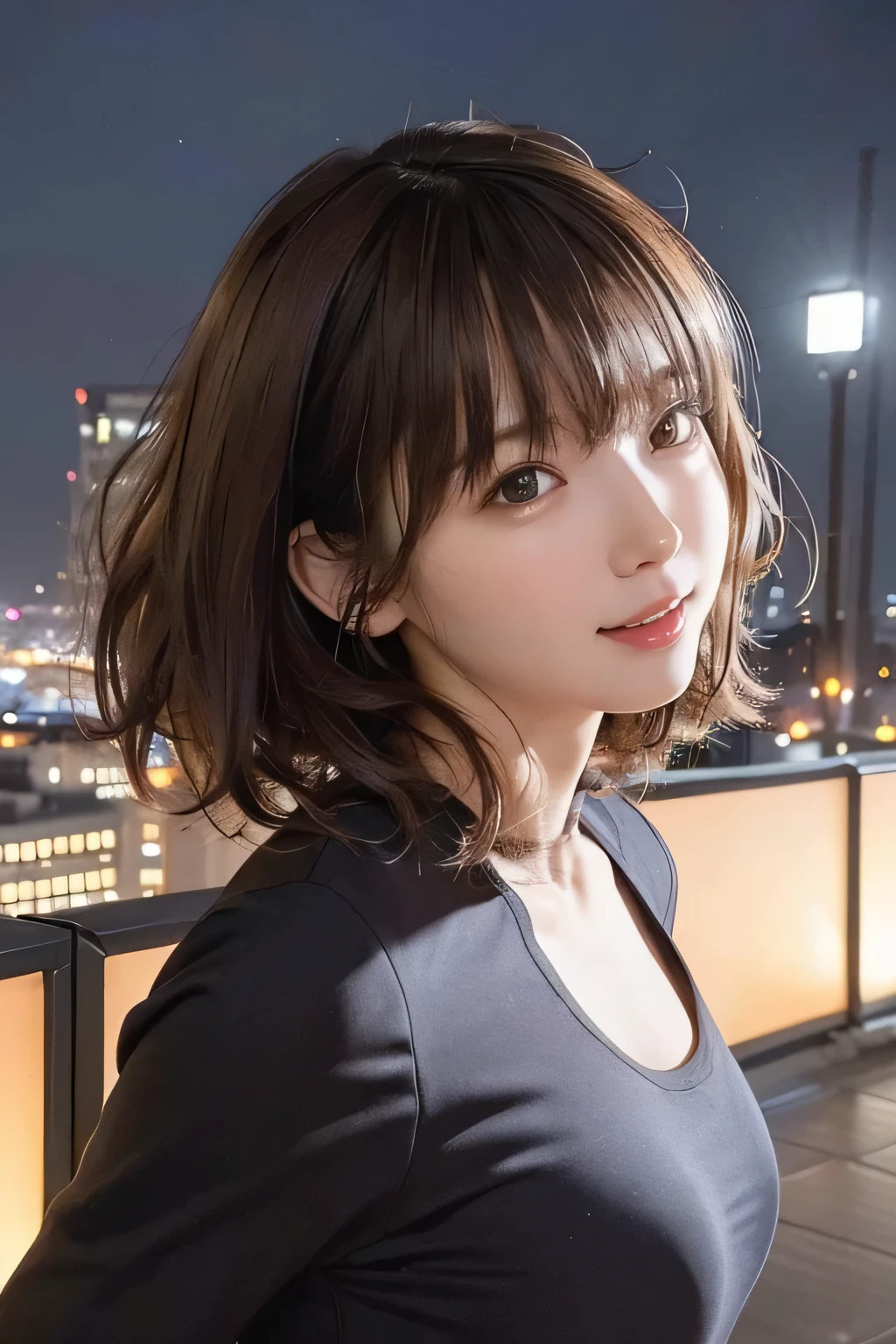 8k, portrait, portrait, masterpiece, highest quality、(head shot:1.5) 、With a round face、slim、(flat body)、cute、、、1 girl, ,night、rooftop of skyscraper、city lights,,smile,, ,(messy hair),(hair blowing in the wind:1.5)、(brown hair:1.15)、(low contrast:1.2)