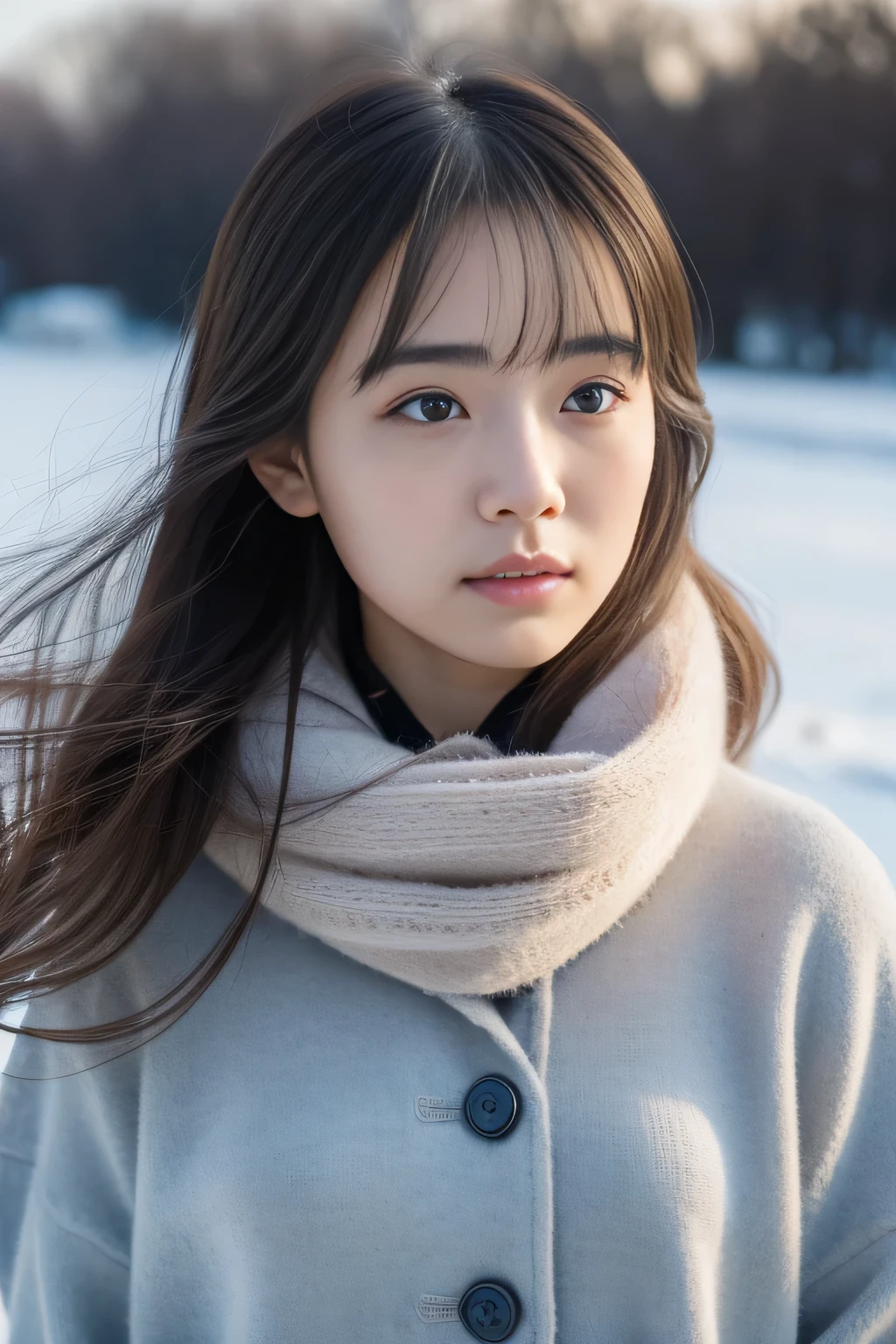 (masterpiece、highest quality、High level image quality、super resolution,In 8K), (RAW photo:1.2), (Photoreal:1.4), (beautiful girl,sexy,perfect japan、cute、alone),Woman in anguish and despair,A beautiful and gentle photo of a woman who is tired both mentally and physically..、young、winterの服装、Emotional landscape reflects her、Cold wind blows、winter、December in Japan、professional photos、