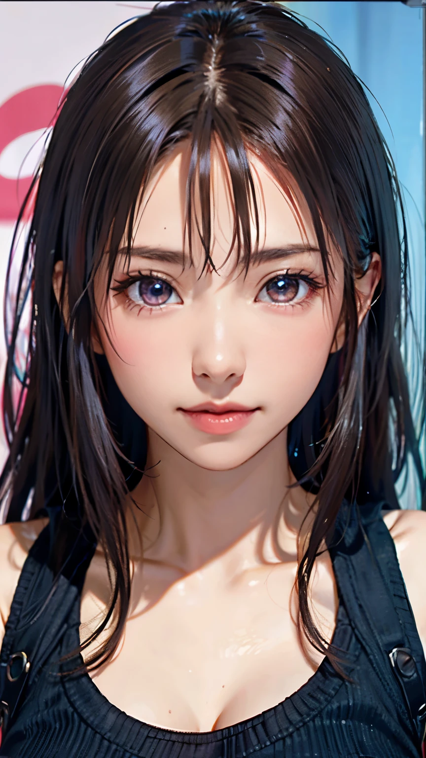 masterpiece, 最high quality, ultra high resolution, (realistic:1.4), detailed beautiful face, fine clothes, amazing european women, wearing a tank top, So cute, Portrait, 肌が柔らかくてperfect face、perfect face, gorgeous long ponytail brown hair, 8K resolution,Super realistic,super detailed,high quality, (small breasts:1.2), wide field of view
