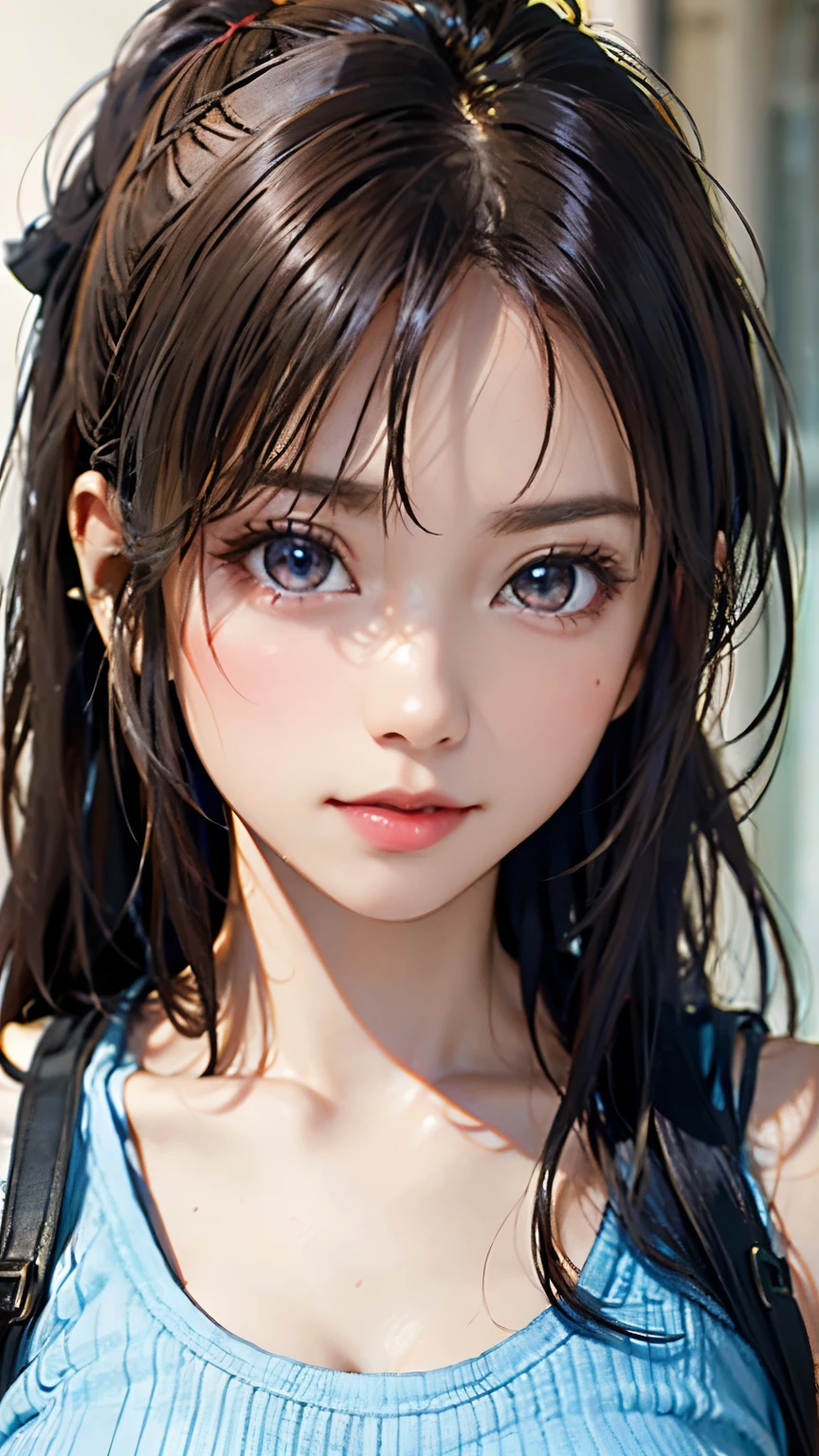 masterpiece, 最high quality, ultra high resolution, (realistic:1.4), detailed beautiful face, fine clothes, amazing european women, wearing a tank top, So cute, Portrait, 肌が柔らかくてperfect face、perfect face, gorgeous long ponytail brown hair, 8K resolution,Super realistic,super detailed,high quality, (small breasts:1.2), wide field of view
