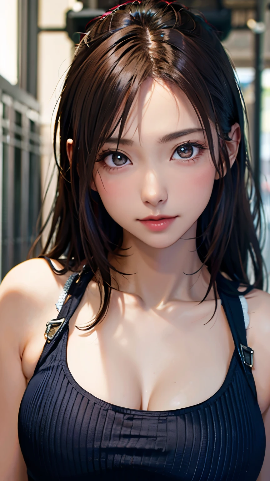 masterpiece, 最high quality, ultra high resolution, (realistic:1.4), detailed beautiful face, fine clothes, amazing european women, wearing a tank top, So cute, Portrait, 肌が柔らかくてperfect face、perfect face, gorgeous long ponytail brown hair, 8K resolution,Super realistic,super detailed,high quality, (small breasts:1.2), wide field of view