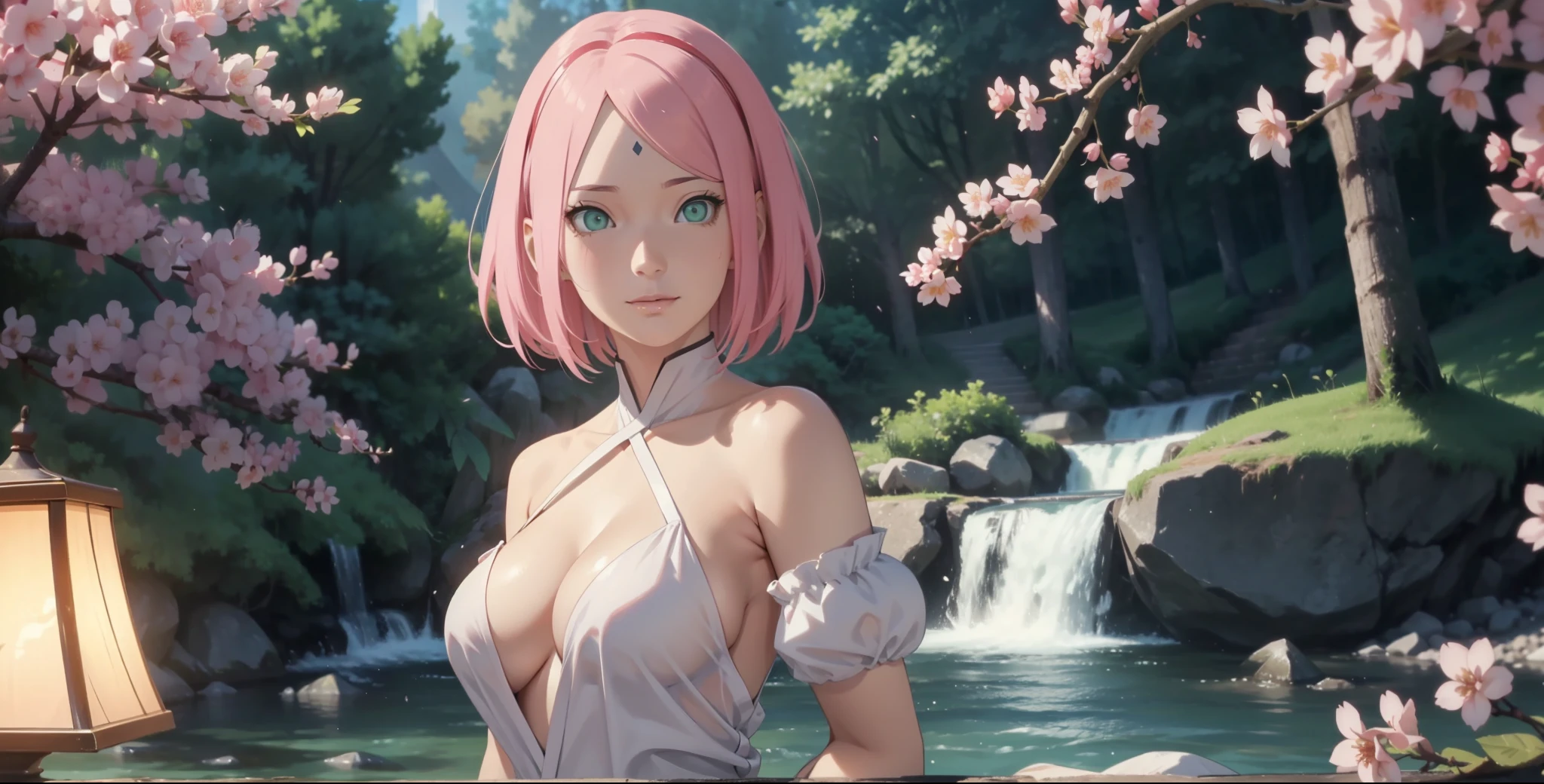 full body,landscape, nature background,masterpiece, Cherry blossom forest, (high detal:1 1), Natural skin, high qulity, NSFW, Naruto Sakura，A pink-haired，short detailed hair，Green eyes，（Large breasts:1.2），（Off-the-shoulder attire:1.5），Leaking out of the shoulder，（比基尼:1.5），（ssmile:1.2），Be red in the face，（cleavage:1.4），Sexy figure，perfect bodies，white clothes，beautidful eyes, (Detailed face and eyes), (the face: 1 2), noises,Extra, real photograph, .................PSD, Lamp film photography, sharp fokus, contrasty lighting, Delicate skin, High resolution 8K, insanely details, realisticlying, professional photoshooting, 8K  UHD, SLR camera, softlighting, high high quality, filmgrain, Fujifilm XT3，magic，particle fx