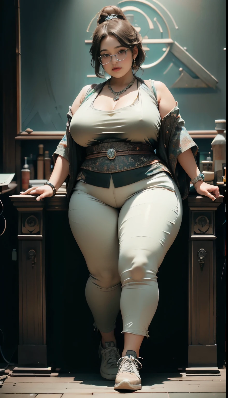 ((best quality)), ((masterpiece)), (detailed), perfect face, chubby woman, chubby face , chubby girl , widest hips , fat belly , thick neck ,, thicc , thick body , thick thighs , thick arm, small breasts but her body is a chubby, full body view, dark-black room, black bokeh background, thight dress, wearing sneakers, short hairstyle, diamond necklace, wearing a watch, tall woman, restore face, white skin , longest thight pants , glasses , cold vibes, , 4k resolution, japanese goddess 